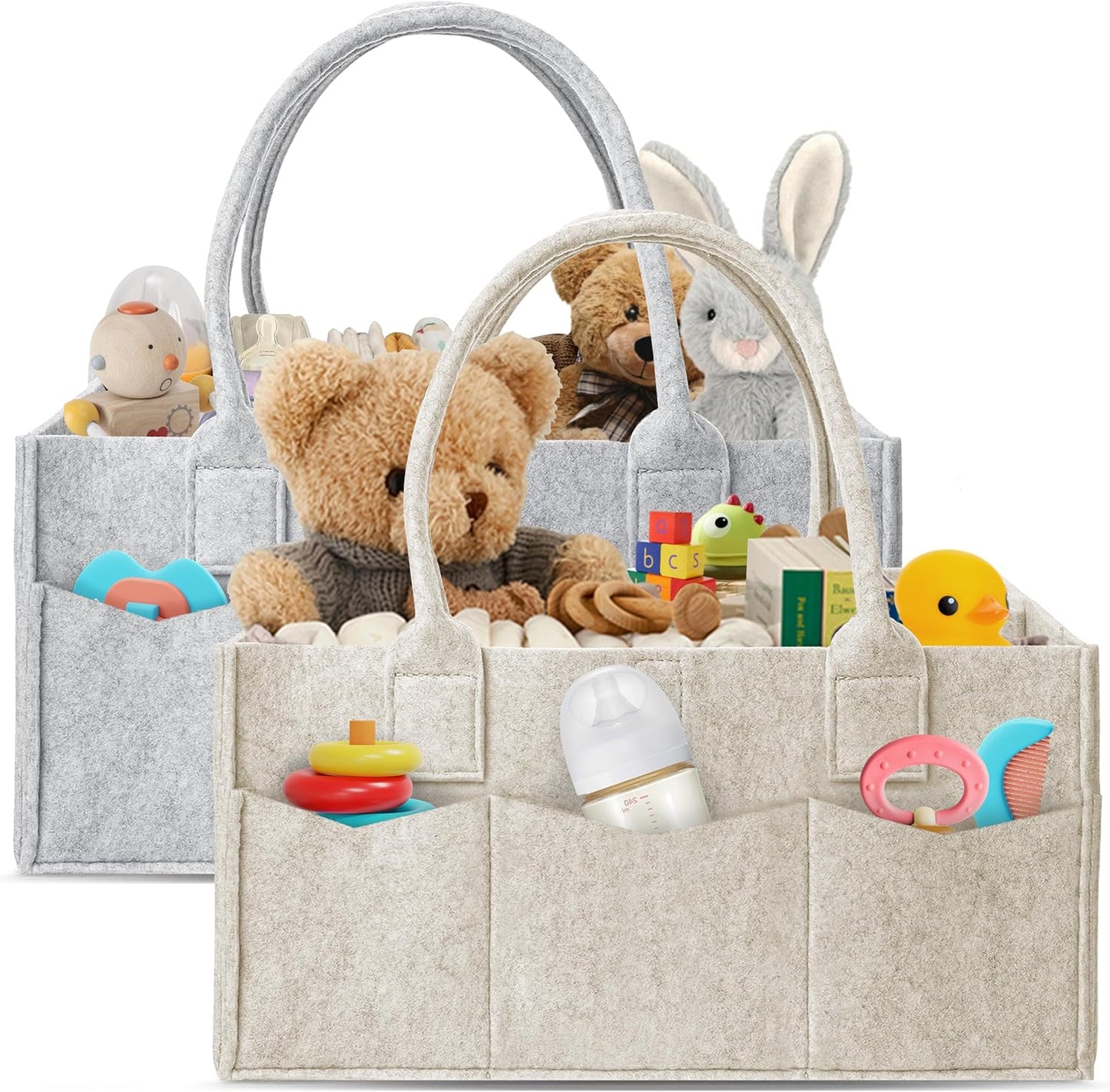 HIPHOP PANDA 2-Pack Diaper Caddy Organizer - Nursery Storage Bin & Car Organizer for Diapers, Wipes, and Baby Essentials - Dual-Color Solid Set (Grey/Oatmeal), Large Size