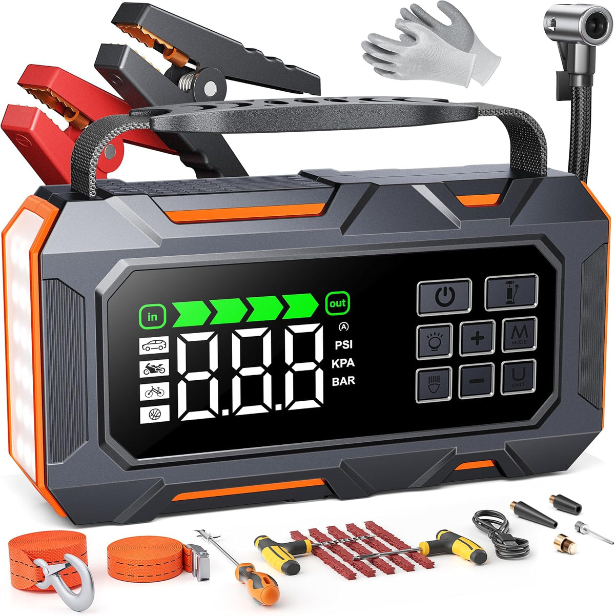 TREKURE 16-in-1 8000A Car Battery Jump Starter with Air Compressor 160PSI, Jump Starter Jump Box (All Gas 12L Diesel) with Portable Jumper Cables, Auto-Shutoff Tire Inflator, Gloves, Tow Rope