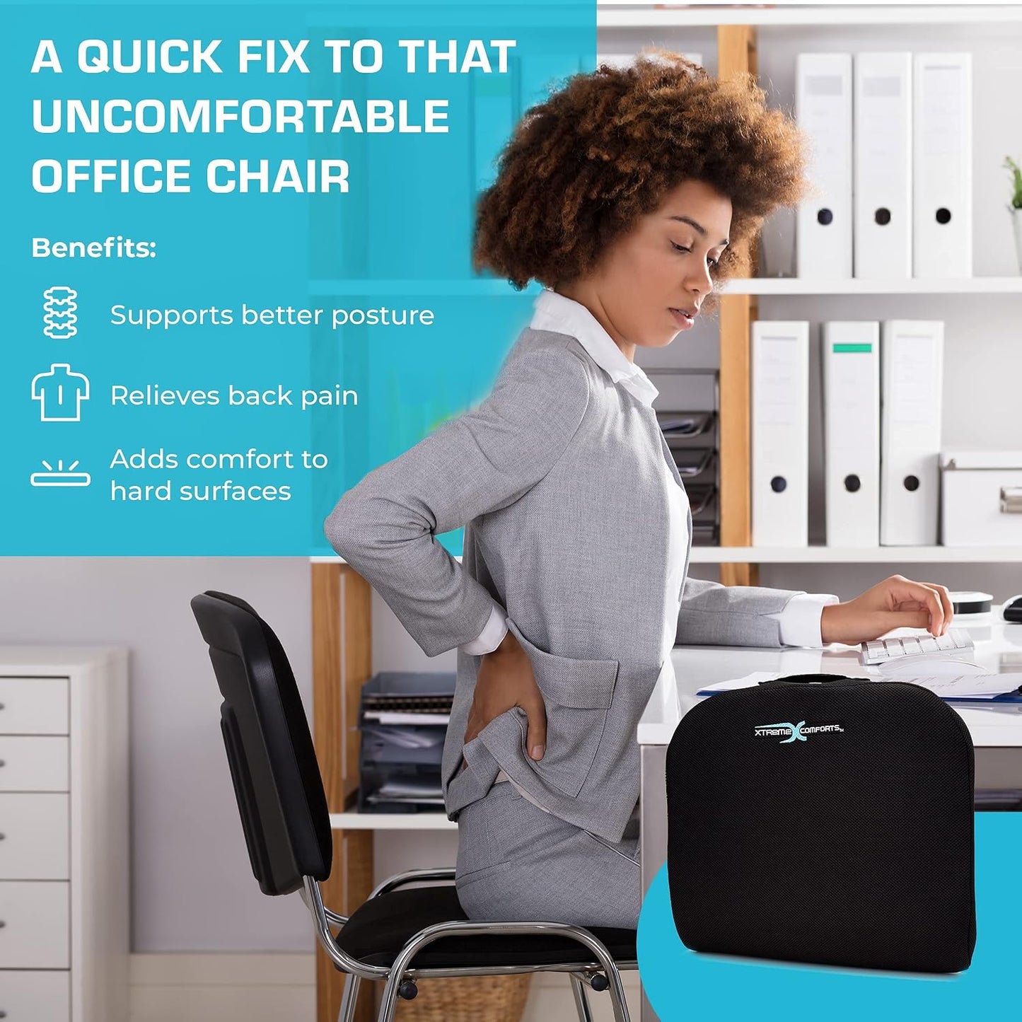 Xtreme Comforts Seat Cushions | Office Chair Cushions for Desk, Car, Wheelchair| Ergonomic Memory Foam Seat Cushion for Support & Comfort | Helps Improve Sitting Posture for Work & Body Relief (1 Pc)