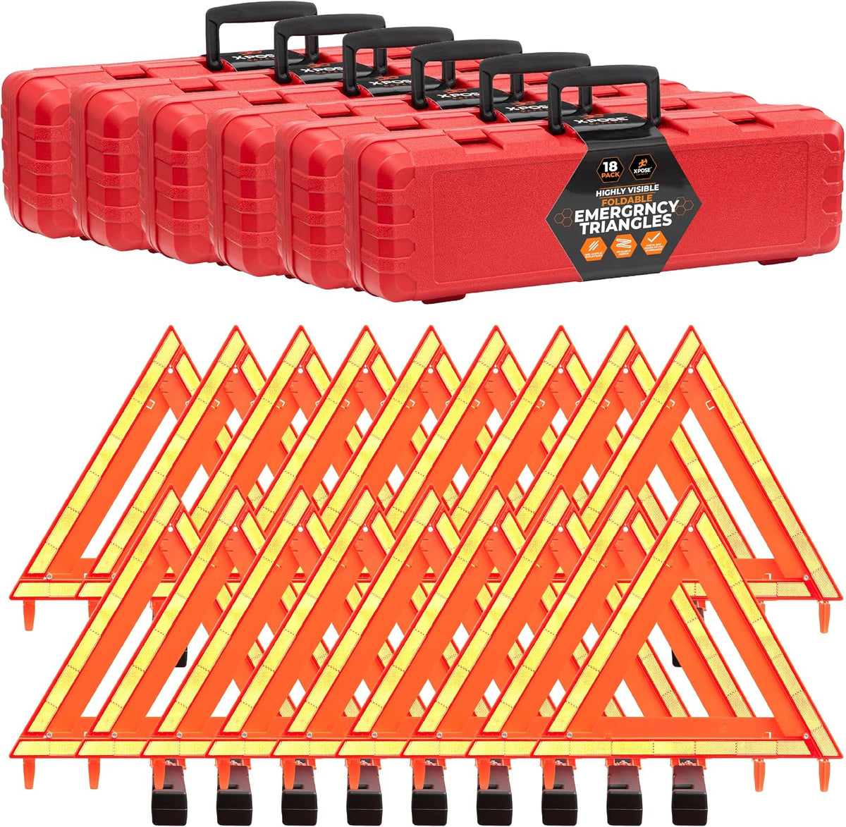 Xpose Safety Reflective Emergency Triangles – 6 Kits (18 Triangles) – DOT Approved Roadside Car Safety Warning Reflectors – Red & Orange Automotive Vehicle Hazard Visibility Markers