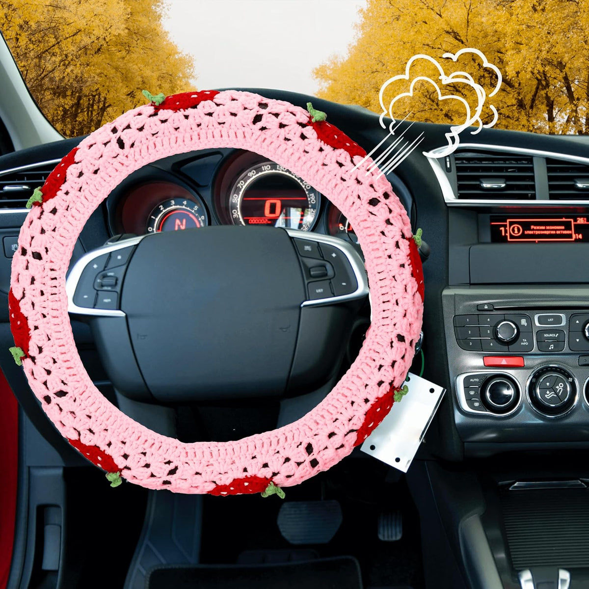 Crochet Steering Wheel Cover, Cute Pink Strawberry Boho Car Accessories