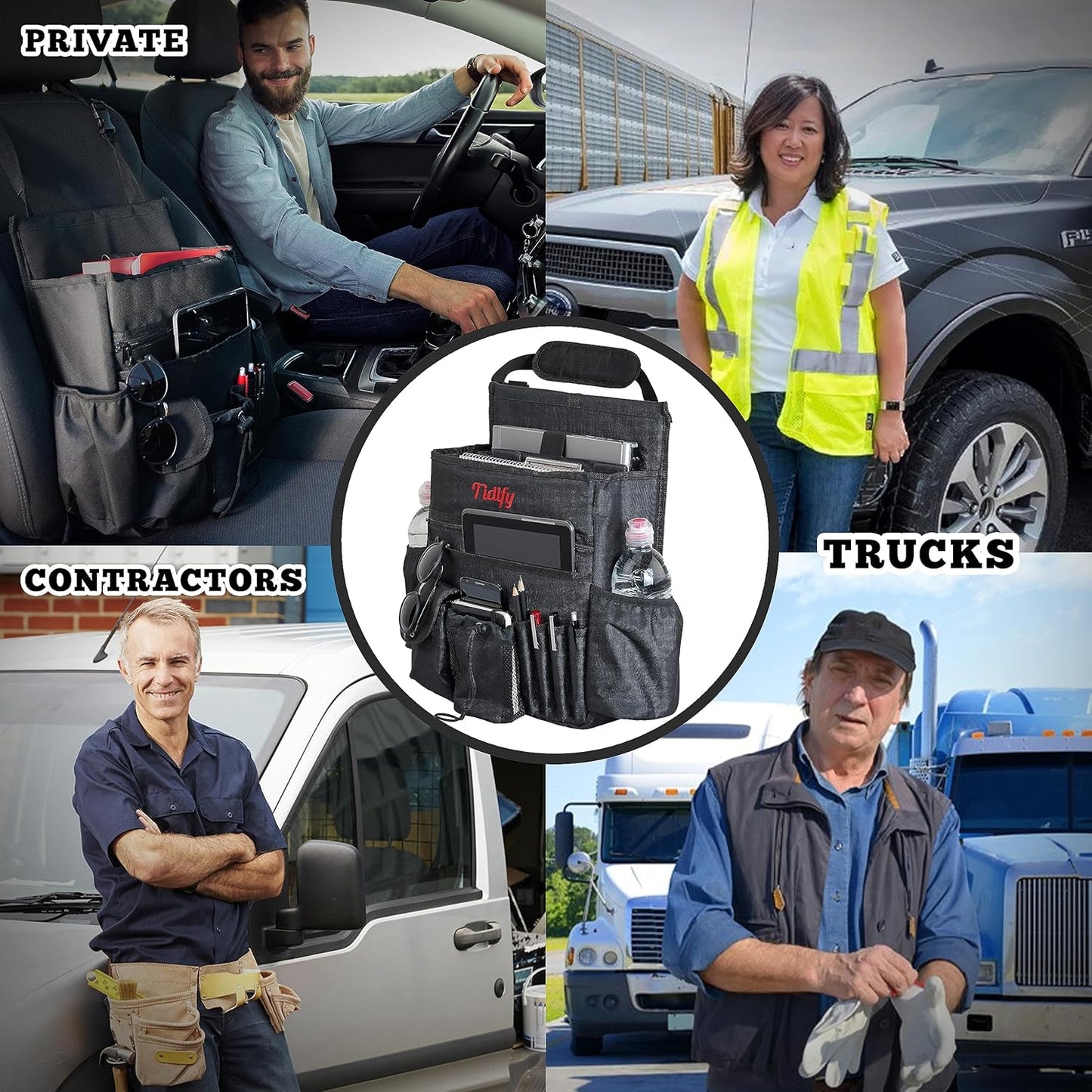 Tidify Car Front Seat Organizer [2025 UPDATED] with Dedicated Tablet and Laptop Storage Stabilizing Side Straps Soft Adjustable Shoulder Strap and Hardened Buckles Your Office Away from Office.