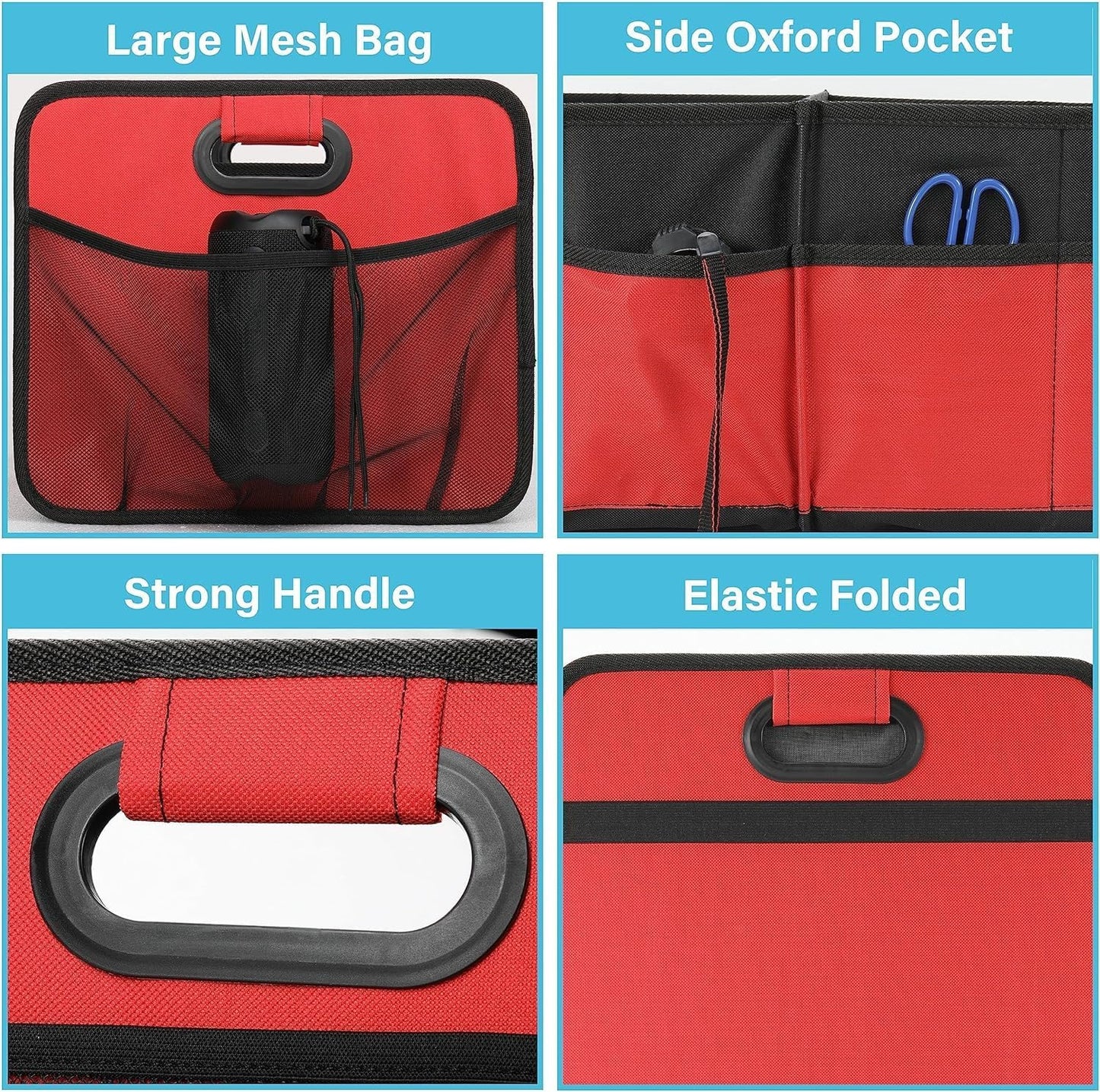 Simple Deluxe Trunk Organizer for Car/SUV/Truck, Collapsible 2 Compartment 50L Automotive Storage Box with 5 Pocket, 600D Waterproof Oxford Polyester, Anti-slip & Leak-proof, Red, 2 Pack
