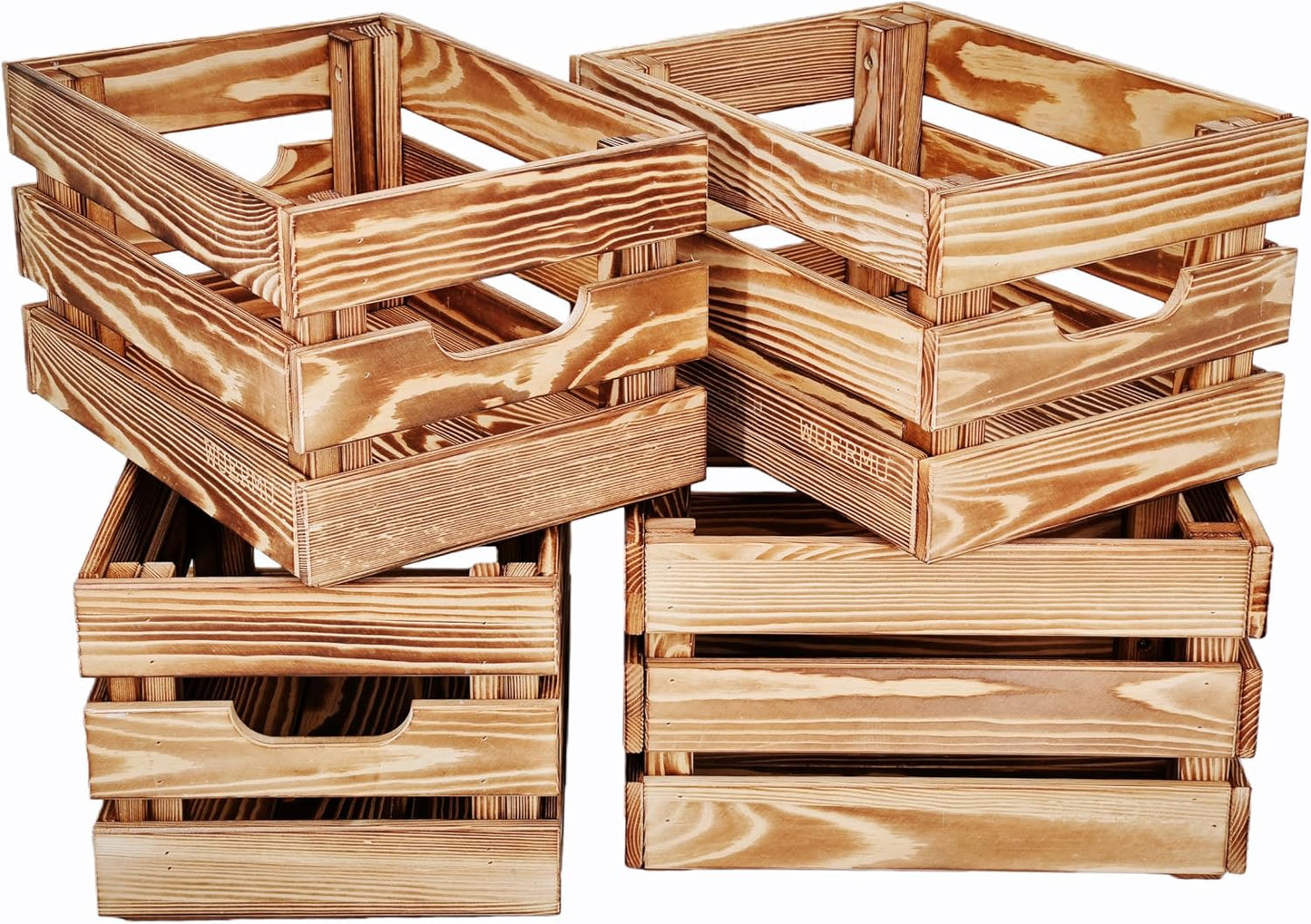 Gray Wooden Crates, Set of 4 Rustic Storage Boxes for Home Organization, Tool Box, Wine Carrier, and Camping Supplies, 12.2 Inches.