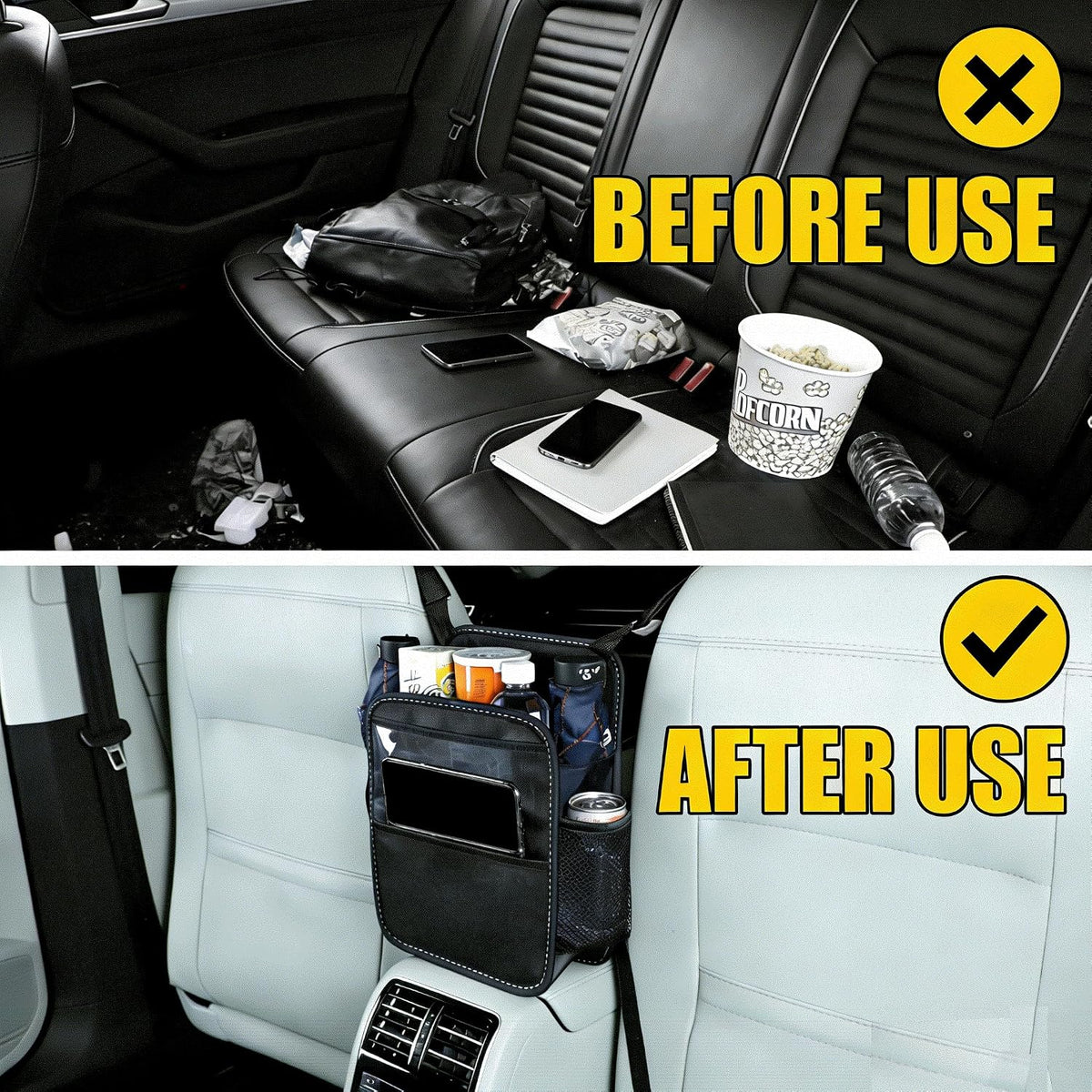 Car Purse Holder Between Seats, PU Leather Front Seat Storage Bag with Tissue Holder, Multi-Pocket Car Organizer with Touch Screen Phone Holder Cup Holders Mesh Pockets, Universal Fit for SUV Sedan