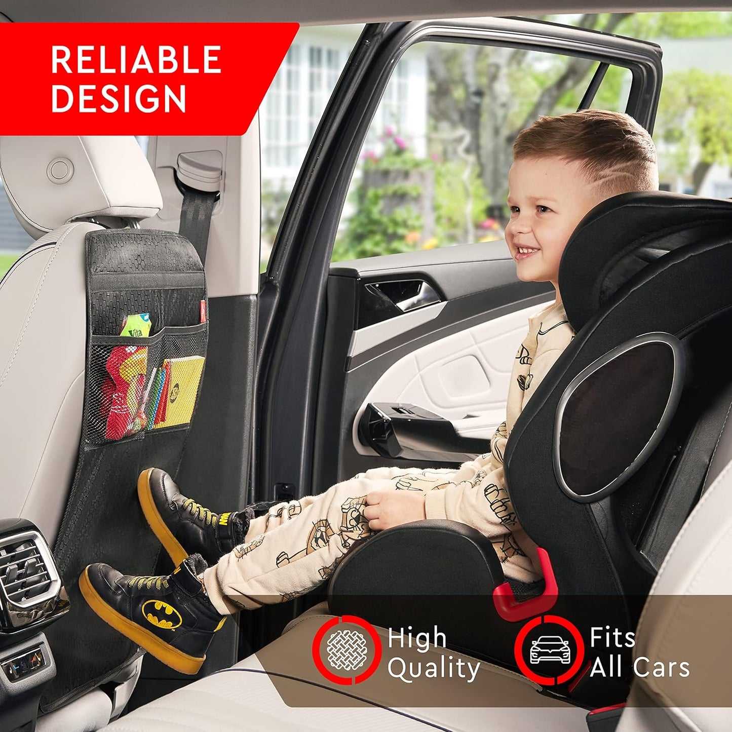 Helteko Back Seat Protector for Car, 2 Pack Premium Kick Mats for Kids, Extra Large Car Seat Cover for Backseat with Mesh Pockets, Waterproof Dirt & Mud Protection, Black