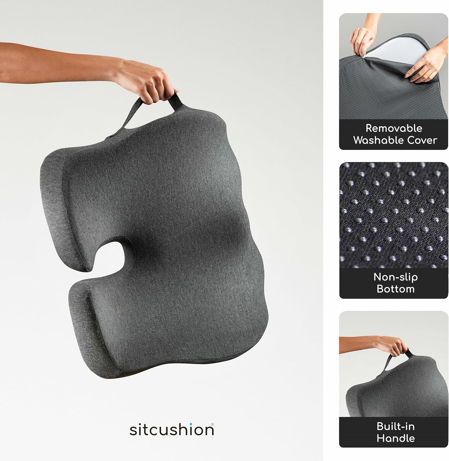 SitCushion Ergonomic Seat Cushion for Sciatica & Tailbone Pain Relief – Extra Large Memory Foam Office Chair Cushion for Long Sitting, Orthopedic Coccyx Cushion for Desk Chair, Car & Wheelchair(Black)