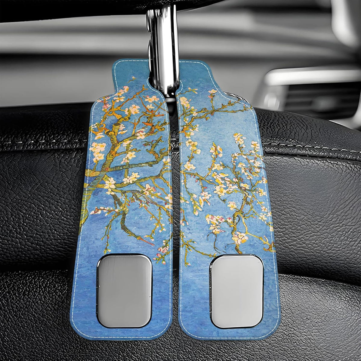 1 Pack Car Seat Headrest Hooks for Purses Abstract Blossoming Almond Tree Bag Purse Holder for Car with Double Metal Hooks Car Purse Hanger Hanging Accessories