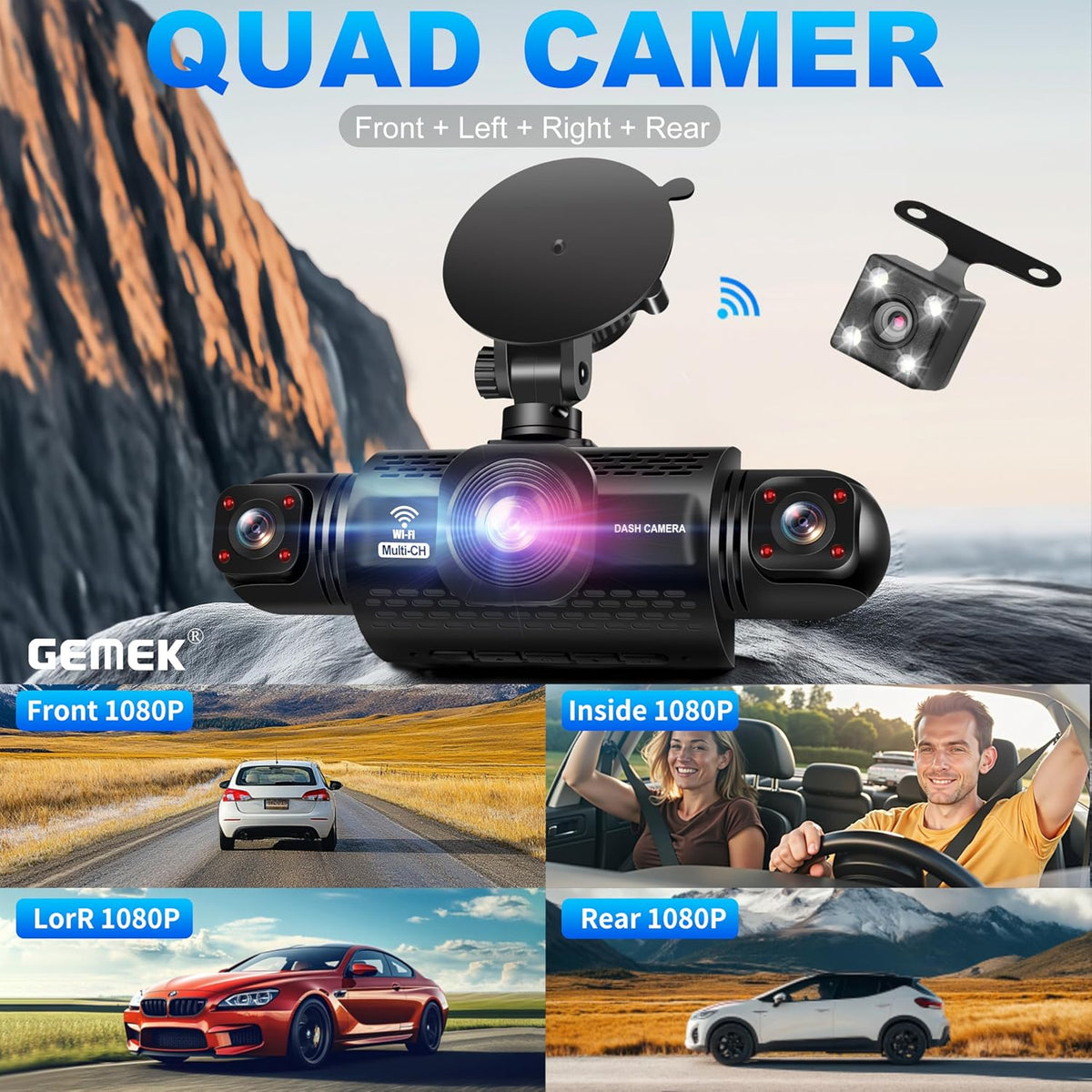 360 Degree View 4 Channel Dash Cam 5G WiFi & App Control, GEMEK 2K Front and Rear Inside, Left and Right Dash Camera for Cars, Free 64GB TF Card, G-Sensor, Night Vision, 24 Hour Parking