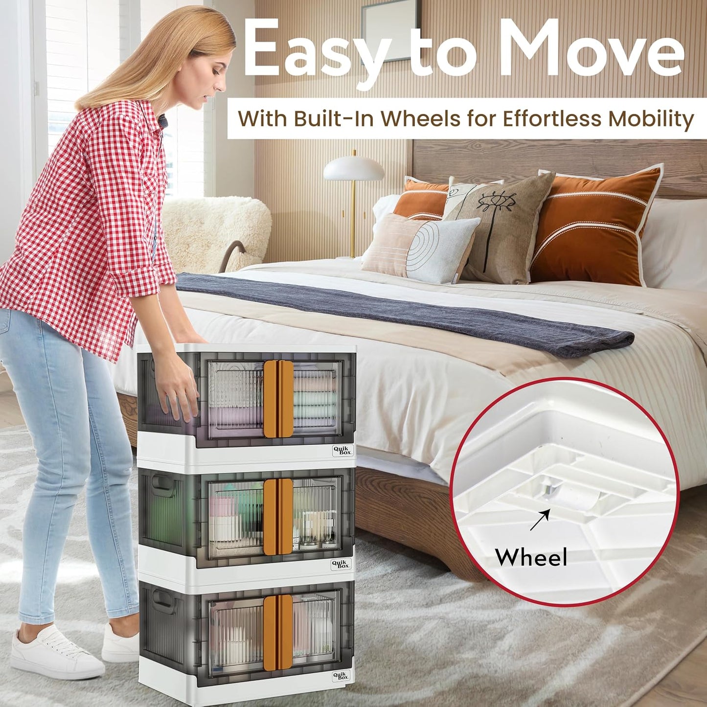 dbest products Quik Box - 8.5 Gallon 3-Pack Stackable Storage Bins with Doors & Wheels - Collapsible Organizer for Dorms, Bedroom & Home - Durable Polystyrene - White