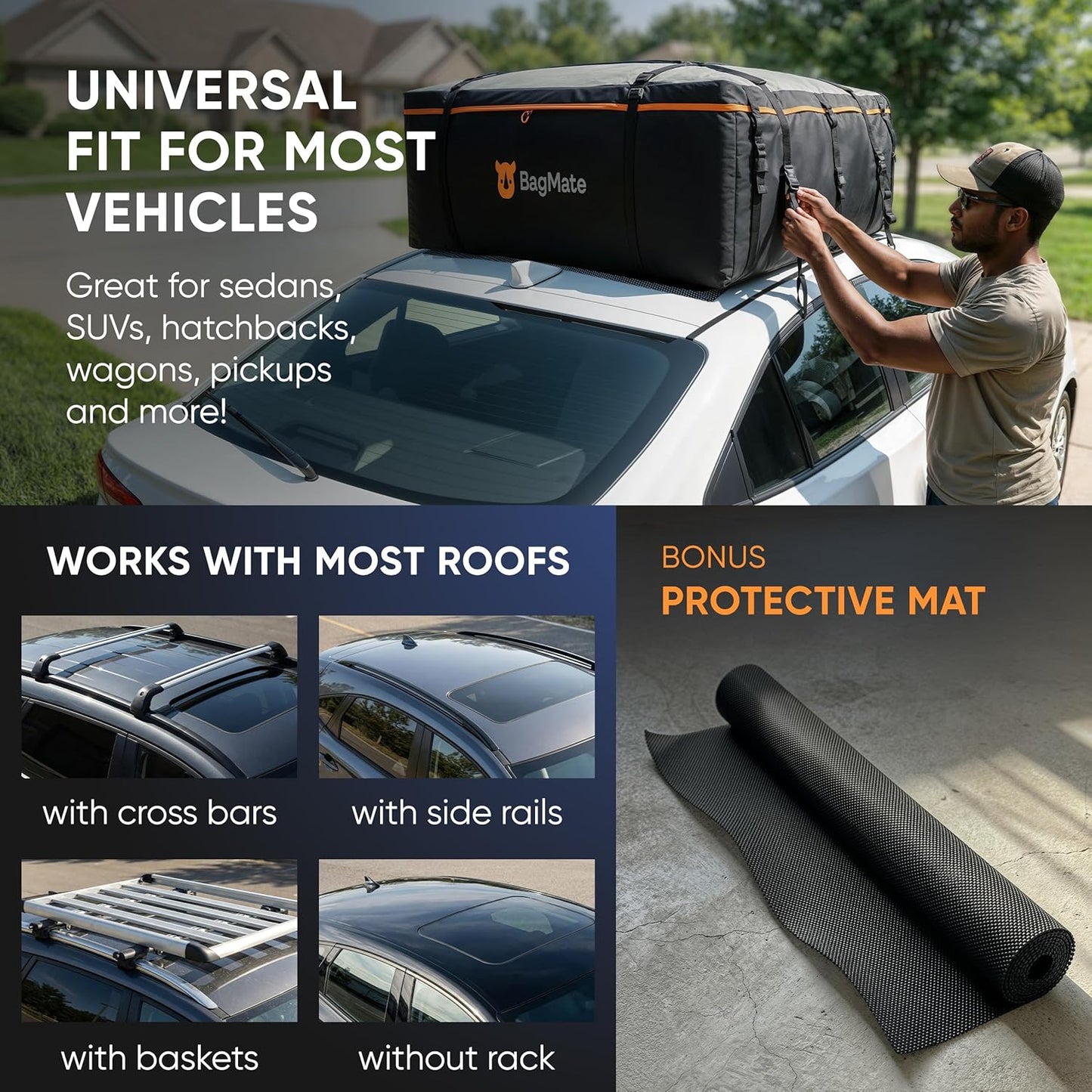 23 Cubic Feet Roof Bag – Safety Tested Heavy-Duty Waterproof Rooftop Cargo Carrier for All Cars & SUVs (with or Without Rack) – Includes Protective Mat & Storage Bag – Military-Grade 840D PVC