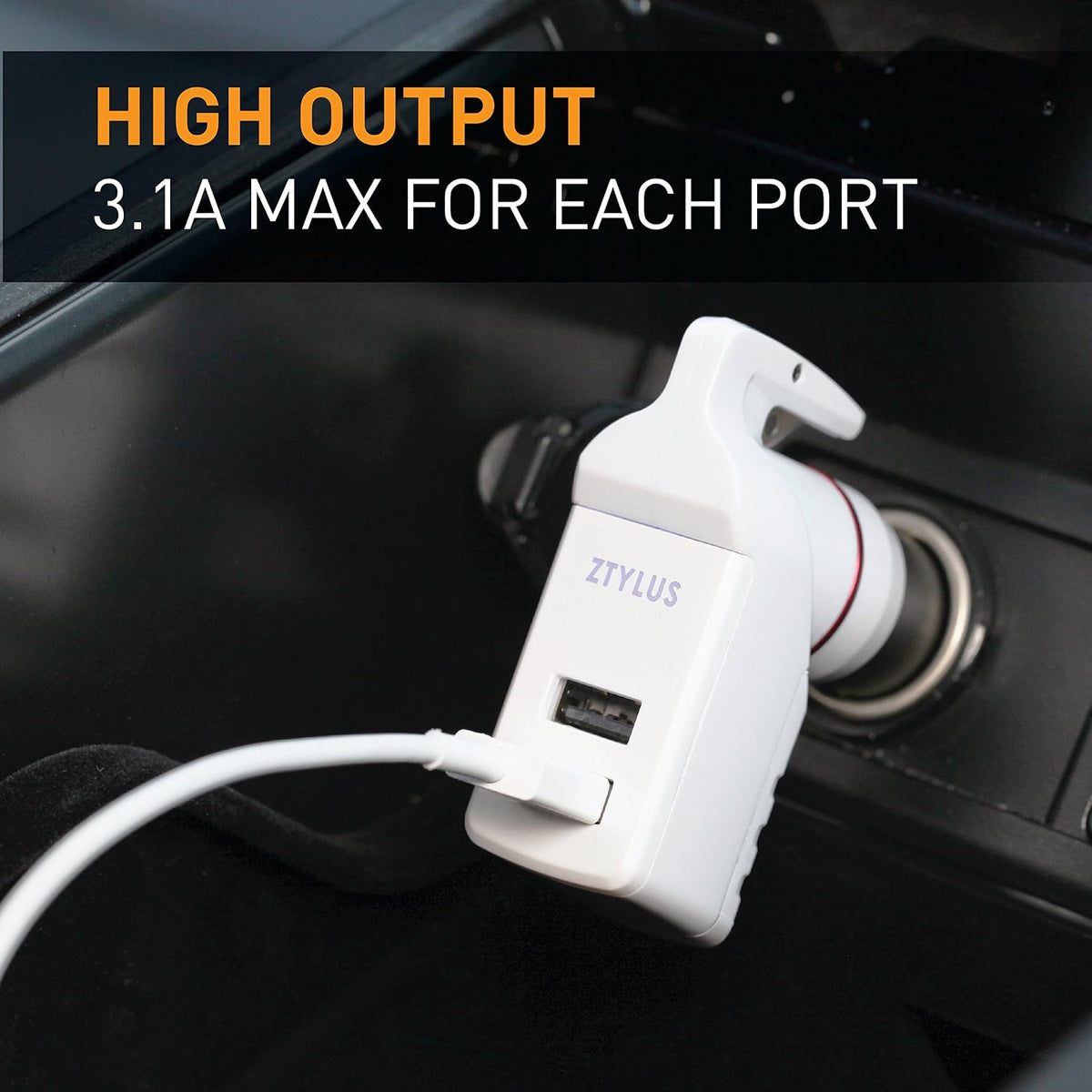 Ztylus Stinger Plus Car Vehicle Emergency Escape Tool, Life-Saving, Spring Loaded Window Breaker Punch, Seat Belt Cutter, Dual USB Ports Max 3.1A Output Cigarette Charger, White