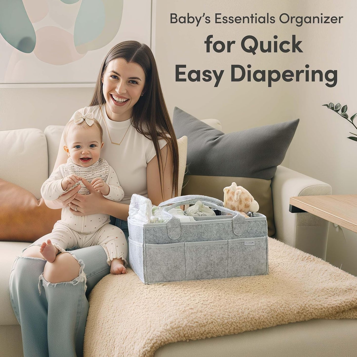PUTSKA Baby Diaper Caddy Organizer - Nursery Storage Basket for Diaper Station, Baby Basket Shower Gift List and Registry Must-Have, Newborn Essentials, Nursery Decor for Boy or Girl - Grey, Large