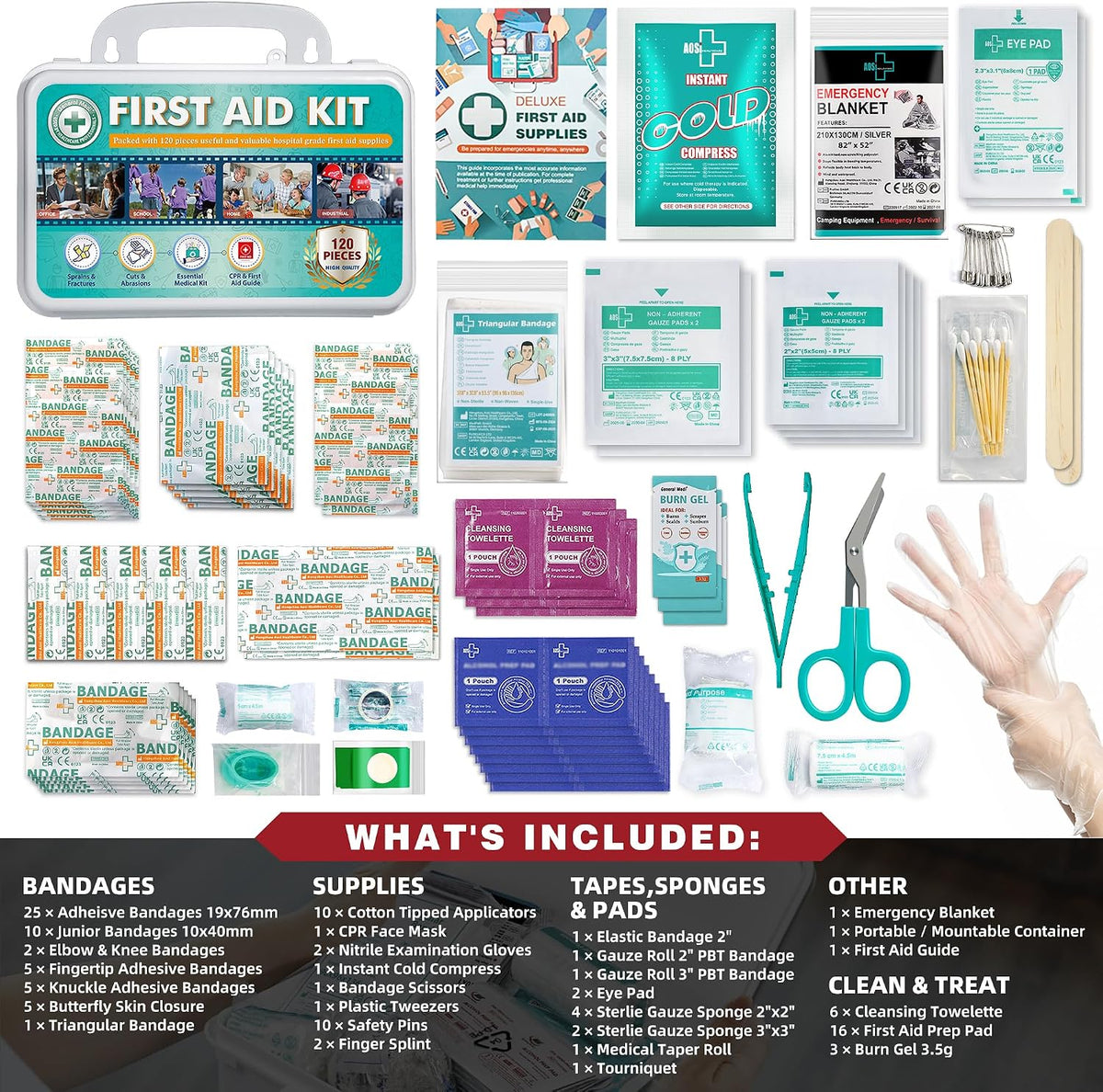 General Medi 120 Pieces Hardcase First Aid Kit - First Aid Box Includes Instant Cold Pack, Emergency Blanket for Travel, Home, Office, Vehicle, Camping, Workplace & Outdoor