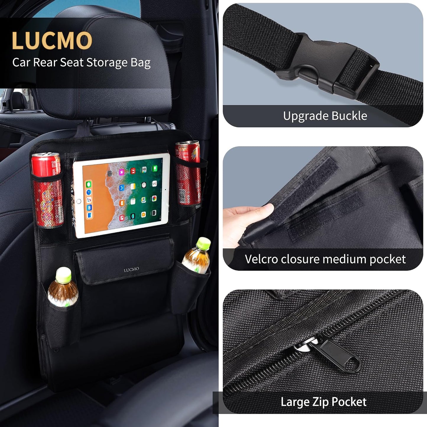 LUCMO Car Backseat Organizer with Touch Screen Tablet Holder, Black | 9 Storage Pockets,Clear Tablet Holder,Protectors Kick Mats,Travel Accessories,Seat Cover,Road Trip Essentials