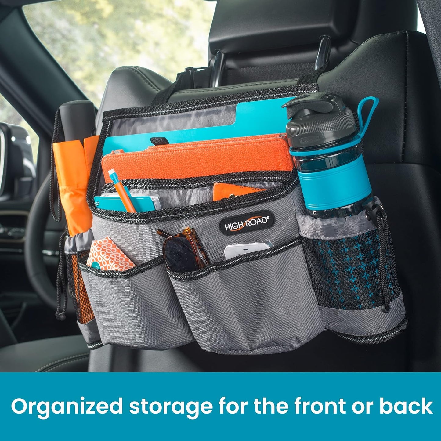 High Road SwingAway Front Seat Car Organizer for Daily Driving Essentials with Side Bottle and Cup Holders