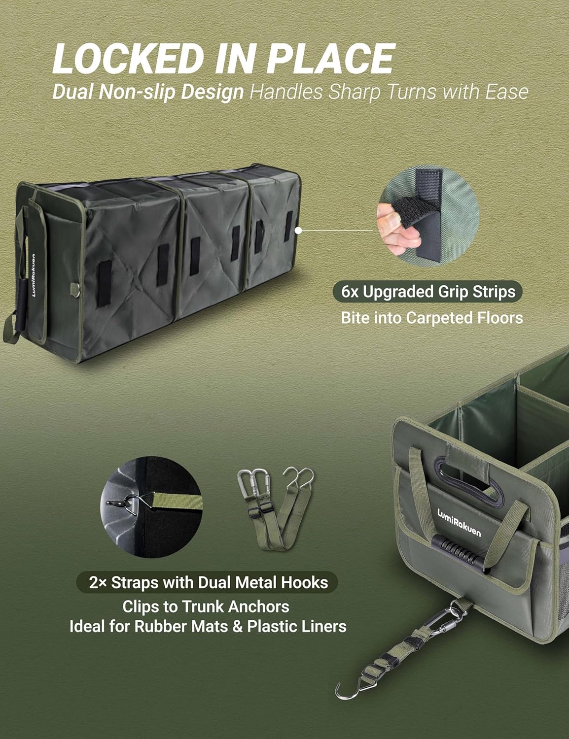 Heavy Duty Trunk Organizer with Lid for SUV & Truck (XL, Green) | 1680D Water-Resistant Fabric & 3.5mm PP Skeleton Collapsible Multi-Compartment Trunk features Dual Non-Slip Hooks