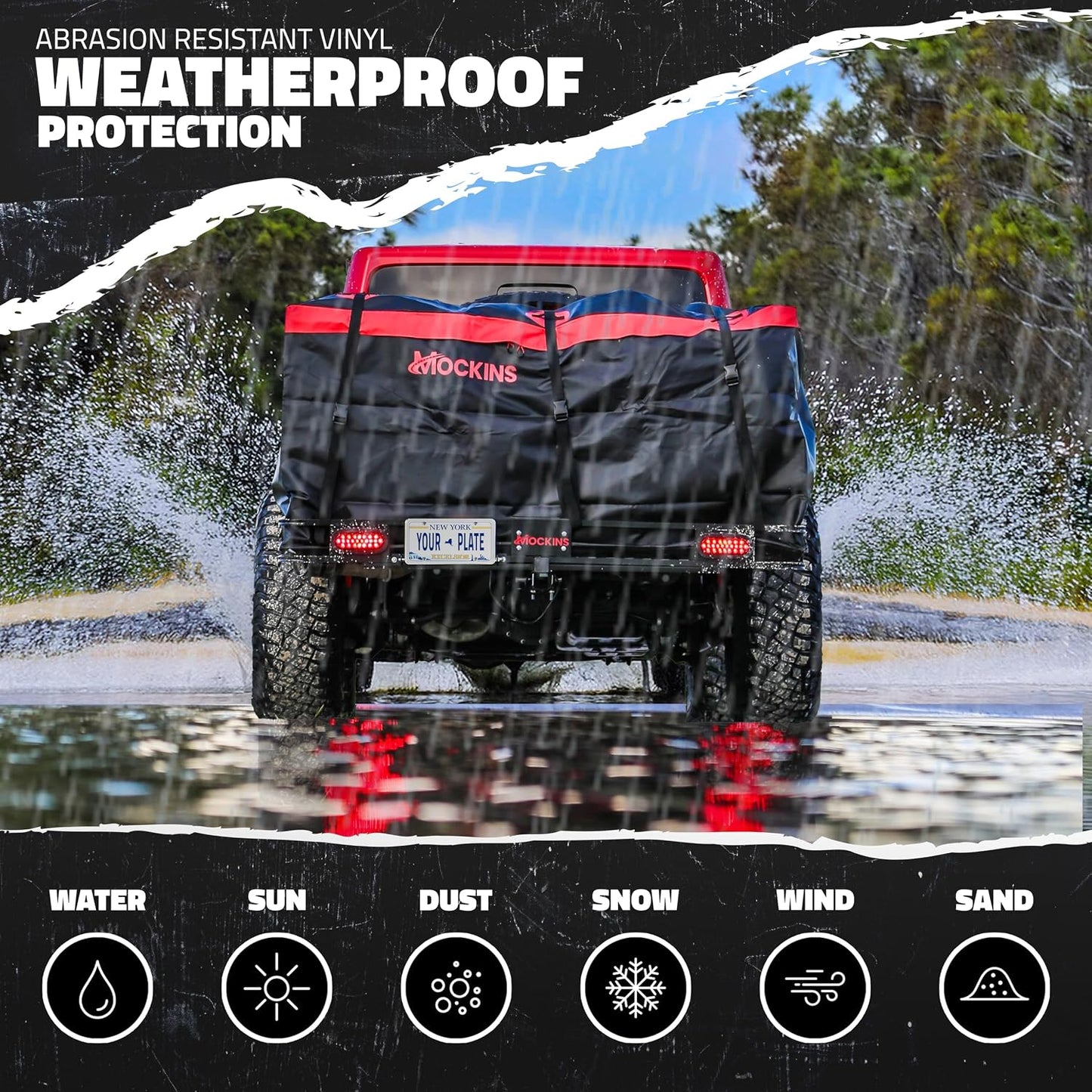Mockins 70"x30"x6" XXL Folding Trailer Hitch Cargo Carrier w/ 500 Lbs. Cap | Luggage Rack for SUV Car Truck & RV w/ 40 CuFt Waterproof Cargo Bag for Hitch Carrier | Includes Rear Lights & Plate Bracket