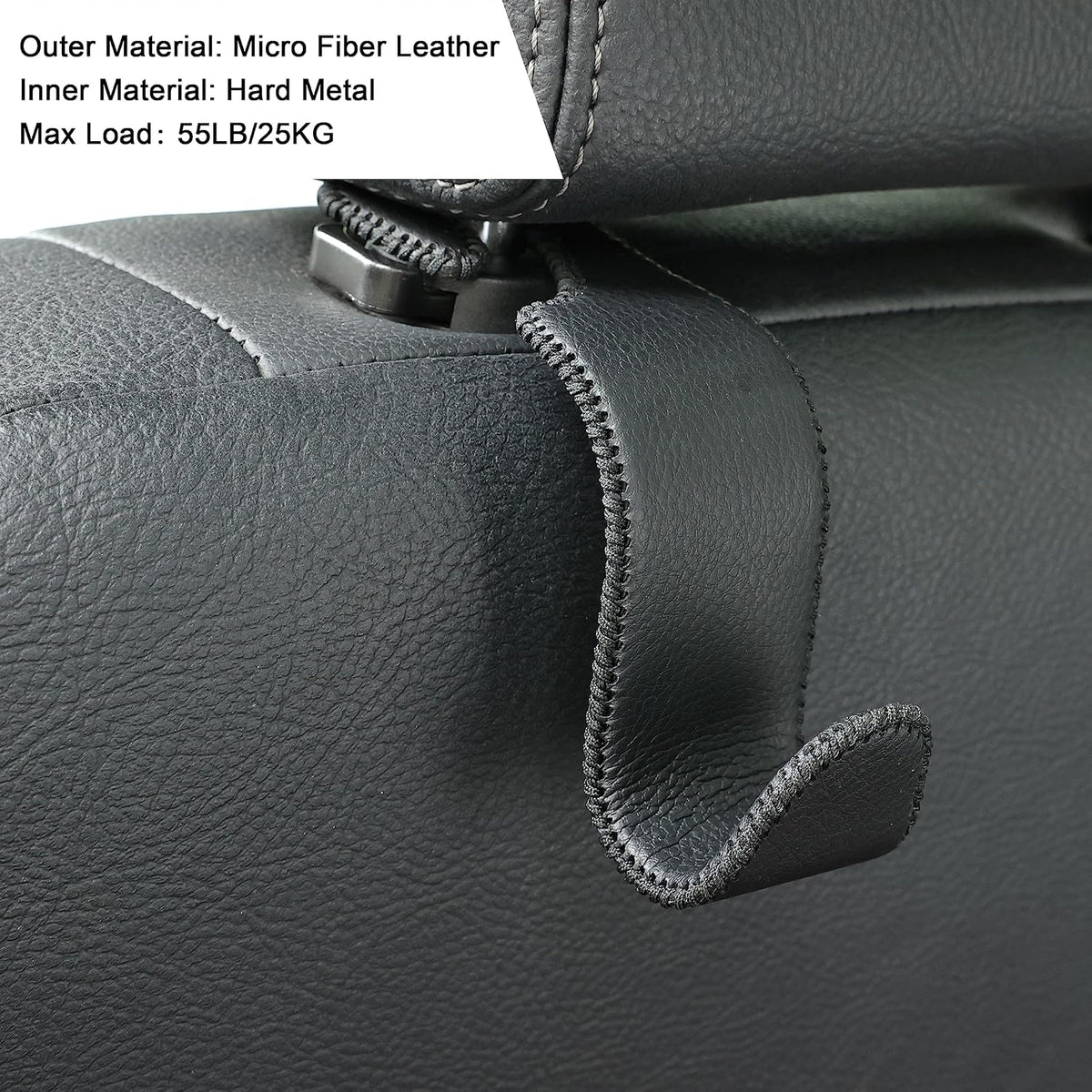 Amooca Car Seat Headrest Hook 4 Pack Metal Core Hanger Universal Car Storage Organizer for Handbag Purse Coat S Type Leather Black