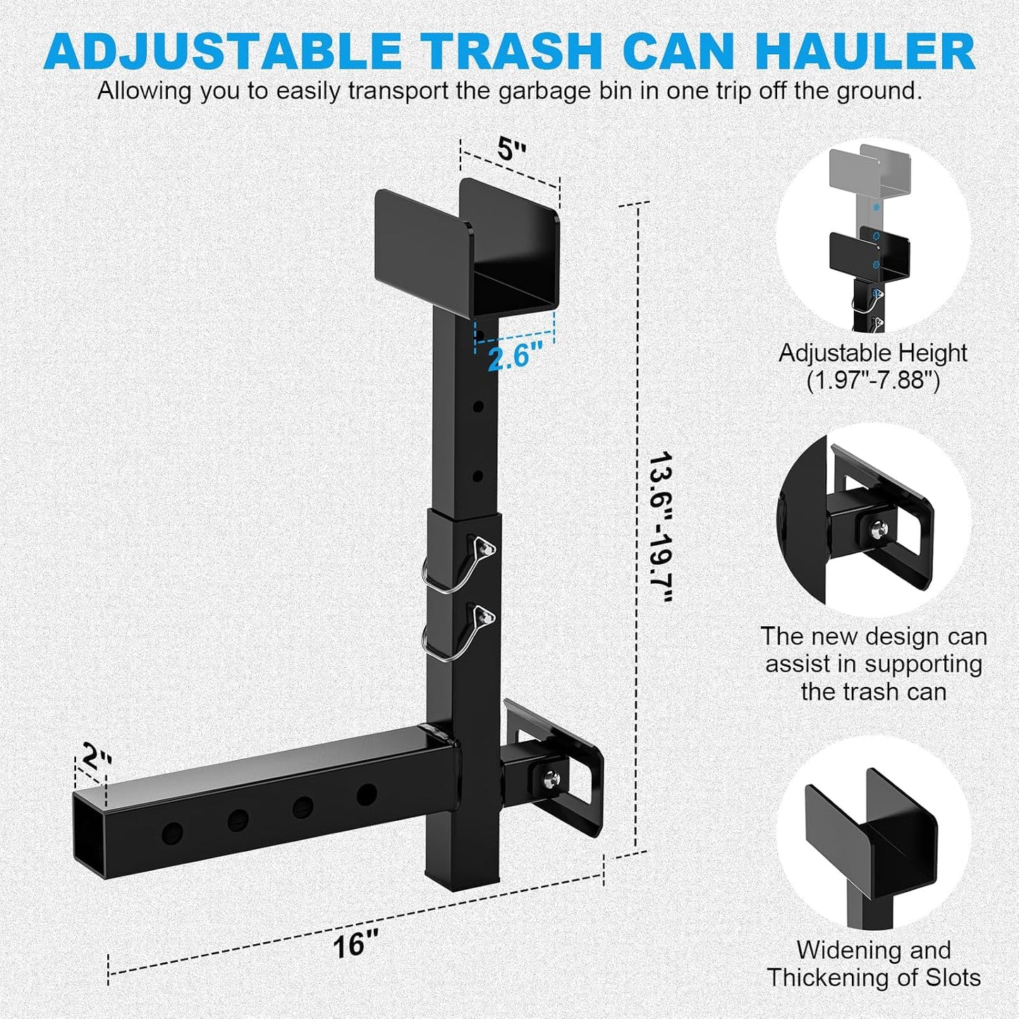 Newly Upgraded Adjustable Trash Can Hauler Hitch for 2" Receiver, Black Garbage Can Hauler Hitch for Car, Truck, SUV, UTV, ATV, Tractor, Trailer & Golf Cart, Single Can Carrier Trash Bin Hauler Hitch