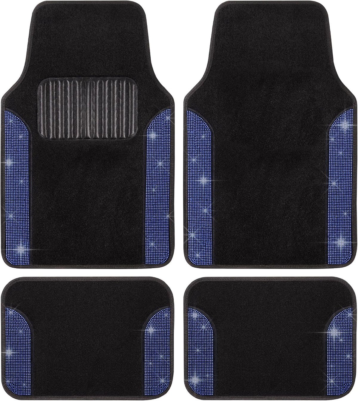Carbella Diamond Bling Car Mats 4-Piece Set, Shiny Rhinestone Crystal Carpet Car Floor Mats, Two-Tone Floor Mats for Cars, Cute Automotive Interior Car Accessories for Women (Blue)
