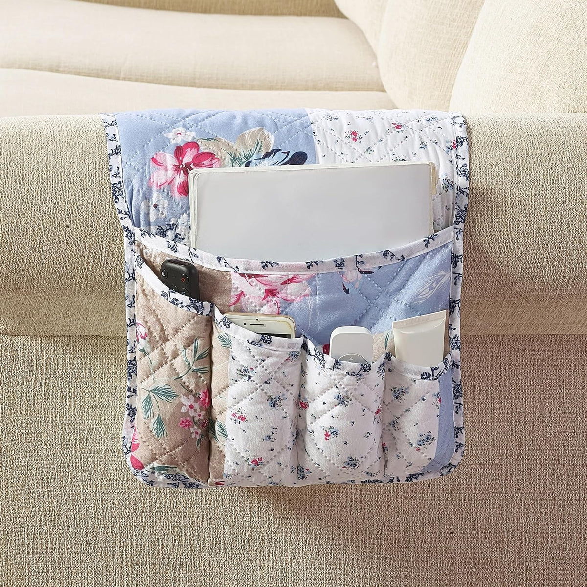 Brilliant Sunshine Blue Beige Rose Toile Couch Armrest Cover, 35"×13"