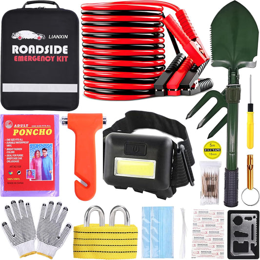 Emergency Car Kit,Automotive Safety Kits with Jumper Cables, Safety Hammer