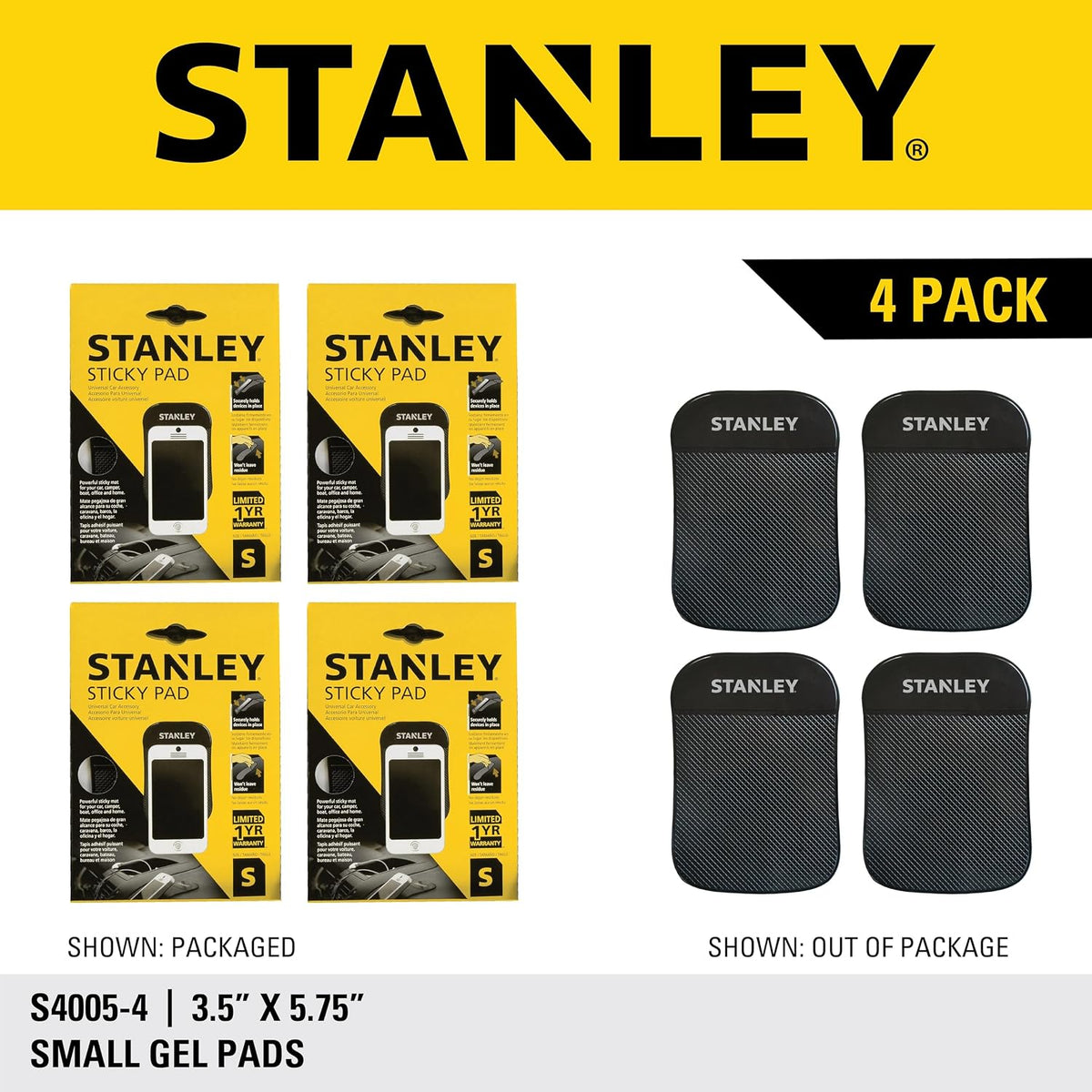 STANLEY 3.5" x 5.75" Extra‑Strong, Anti‑Slip Grip Dashboard Gel Pad, 4‑Pack