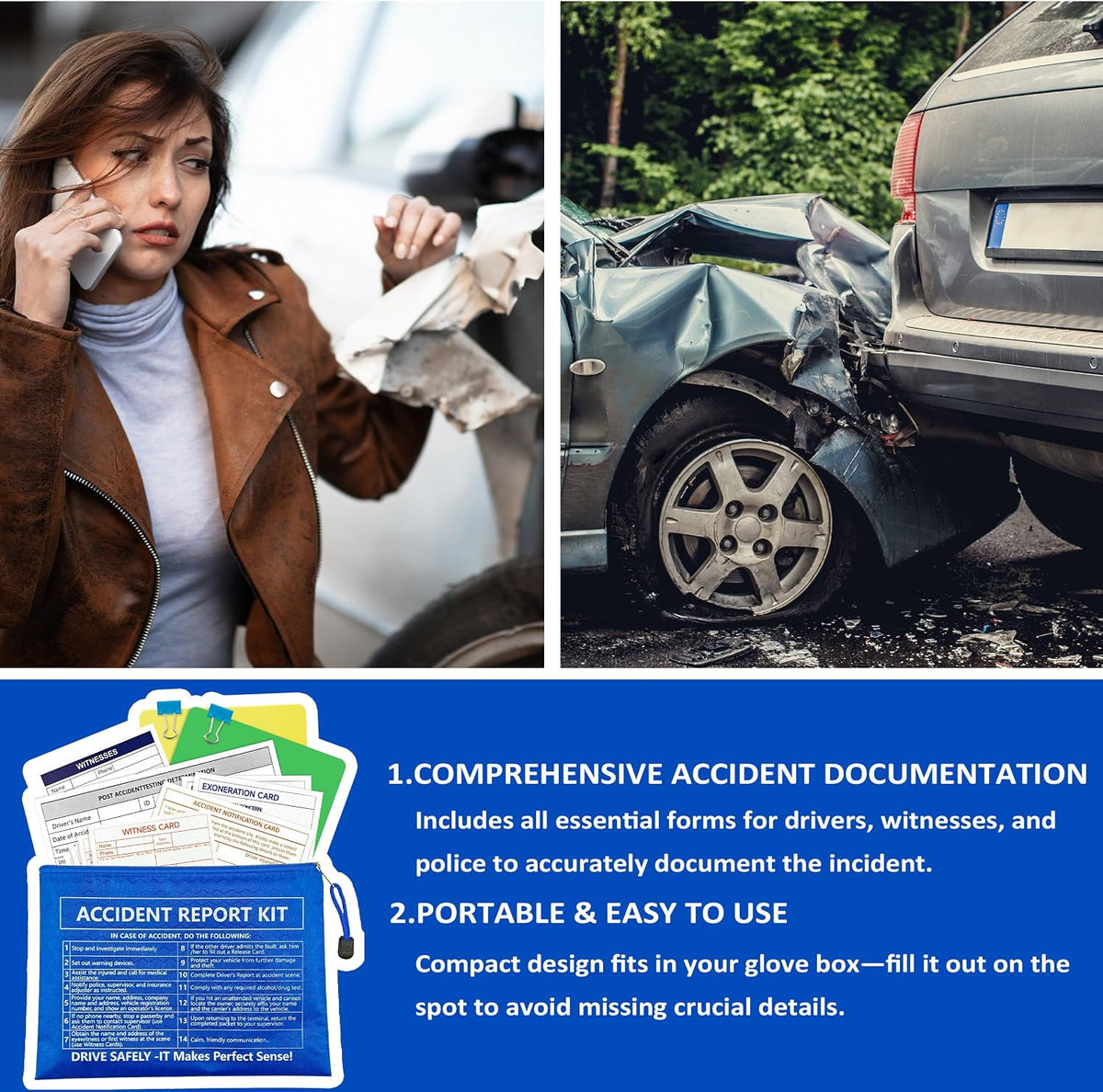10 Pack Waterproof Vehicle Accident Report Kit Vinyl Pouch 6.9x9.3 inch Car Accident Kit Driver's Vehicle Inspection Report For Drivers Collect Organize and Report Vehicle Accident (10, Blue)