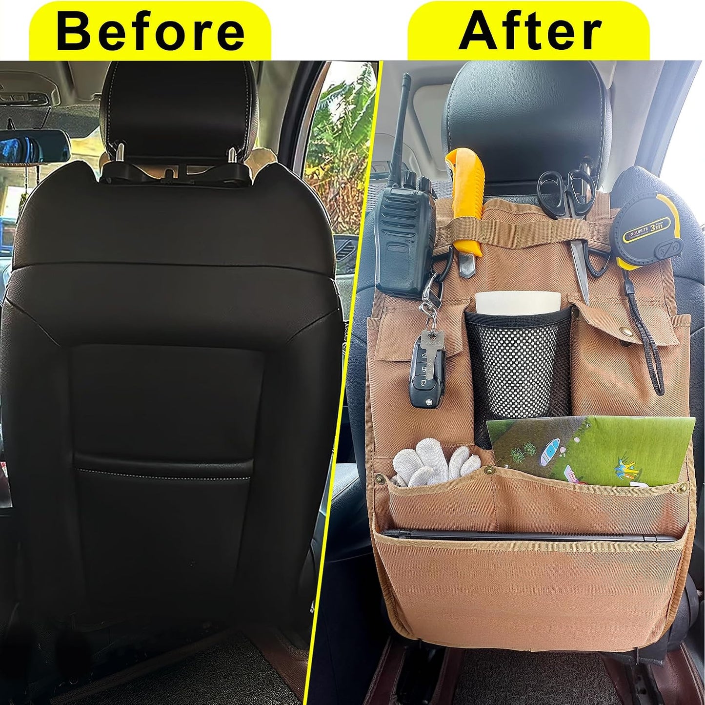 Car Seat Back Organizer with Multiple Pockets and Hooks (brown)