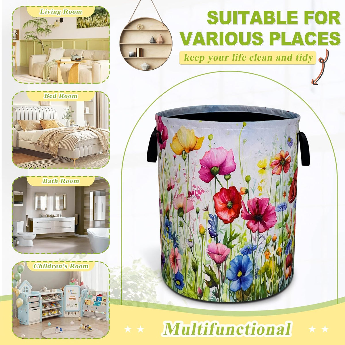 Colorful Flowers Print Laundry Basket Foldable Waterproof 18.9 x 16.5 Inch