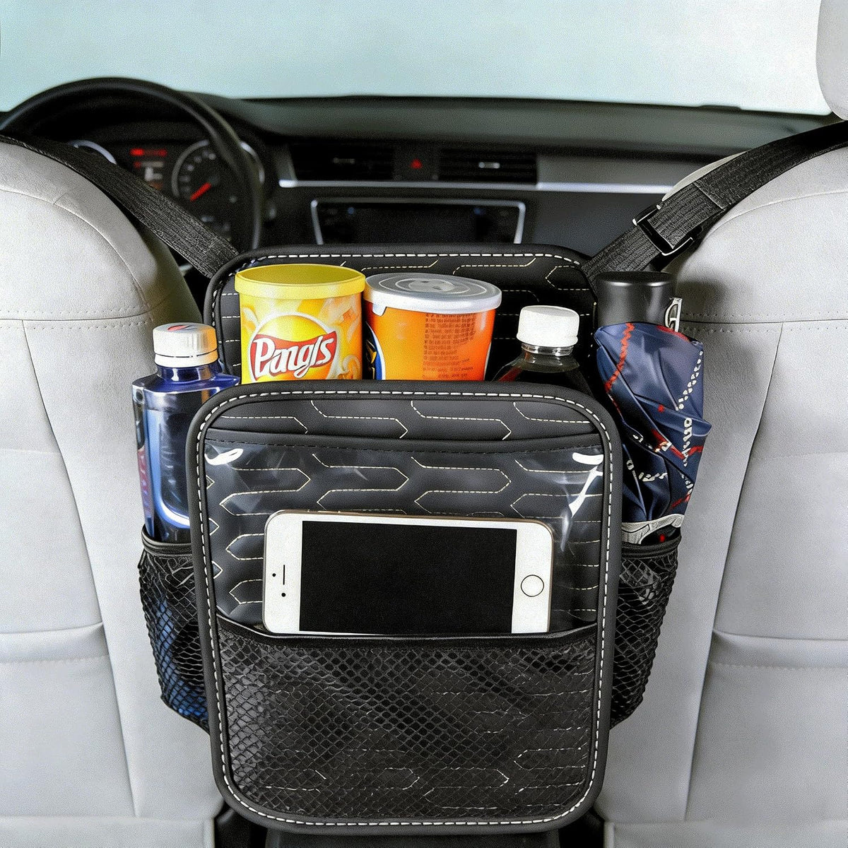 Car Purse Holder Between Seats, PU Leather Front Seat Storage Bag with Tissue Holder, Multi-Pocket Car Organizer with Touch Screen Phone Holder Cup Holders Mesh Pockets, Universal Fit for SUV Sedan