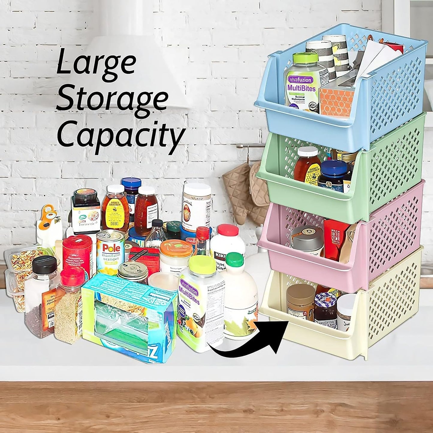 Skywin Stackable Storage Bins Open Front for Pantry Storage, 4 Pack - Multi | Sturdy Plastic, Easy Stacking, Open Front Access, Ventilated Sides, Vertical & Space Saving Pantry Organizers and Storage Bin
