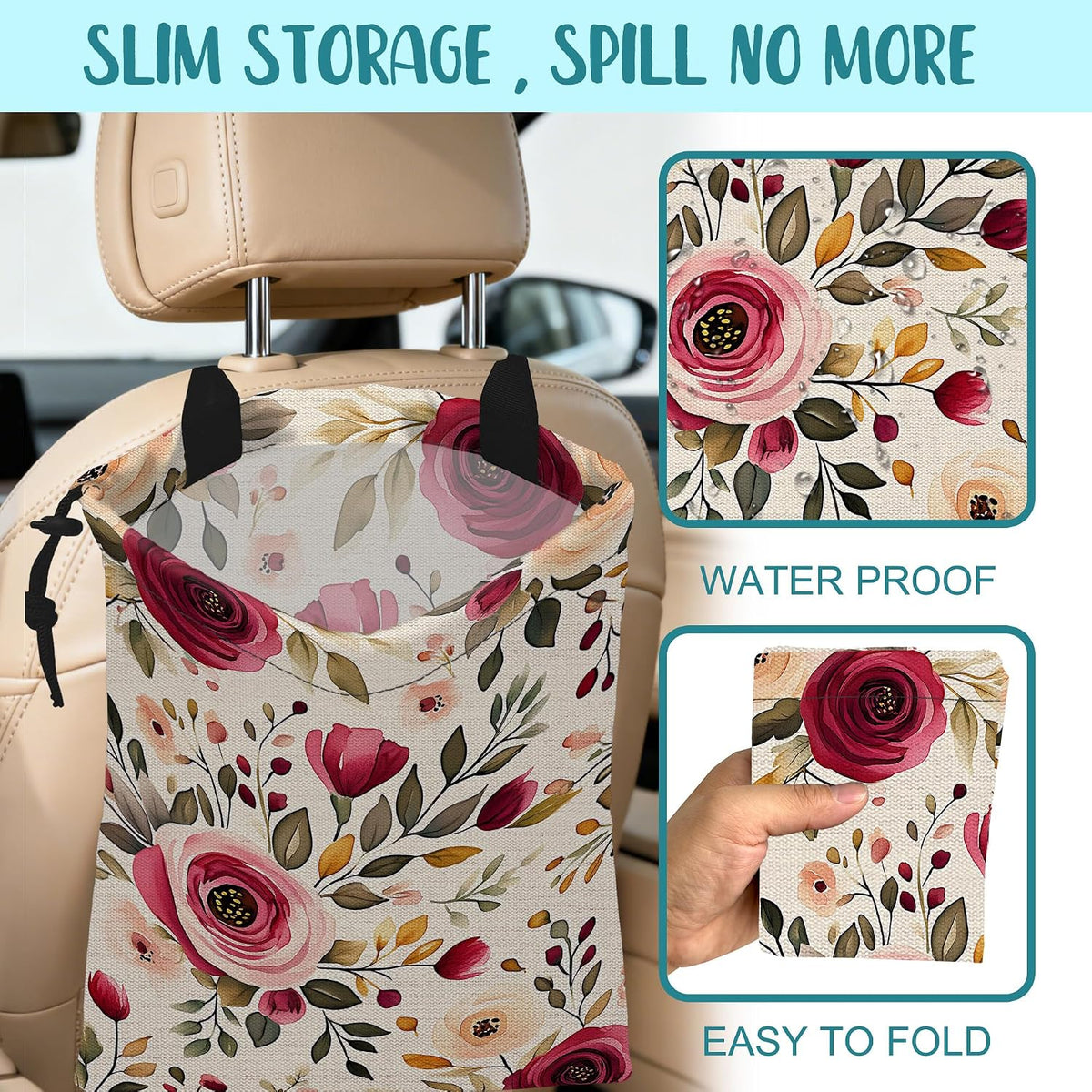 Car Garbage Bag Vintage Red and Pink Floral Hanging Canvas Car Trash Bag Drawstring Car Back Seat Organizer for Car Back Front Seat Console with Adjustable Buckle