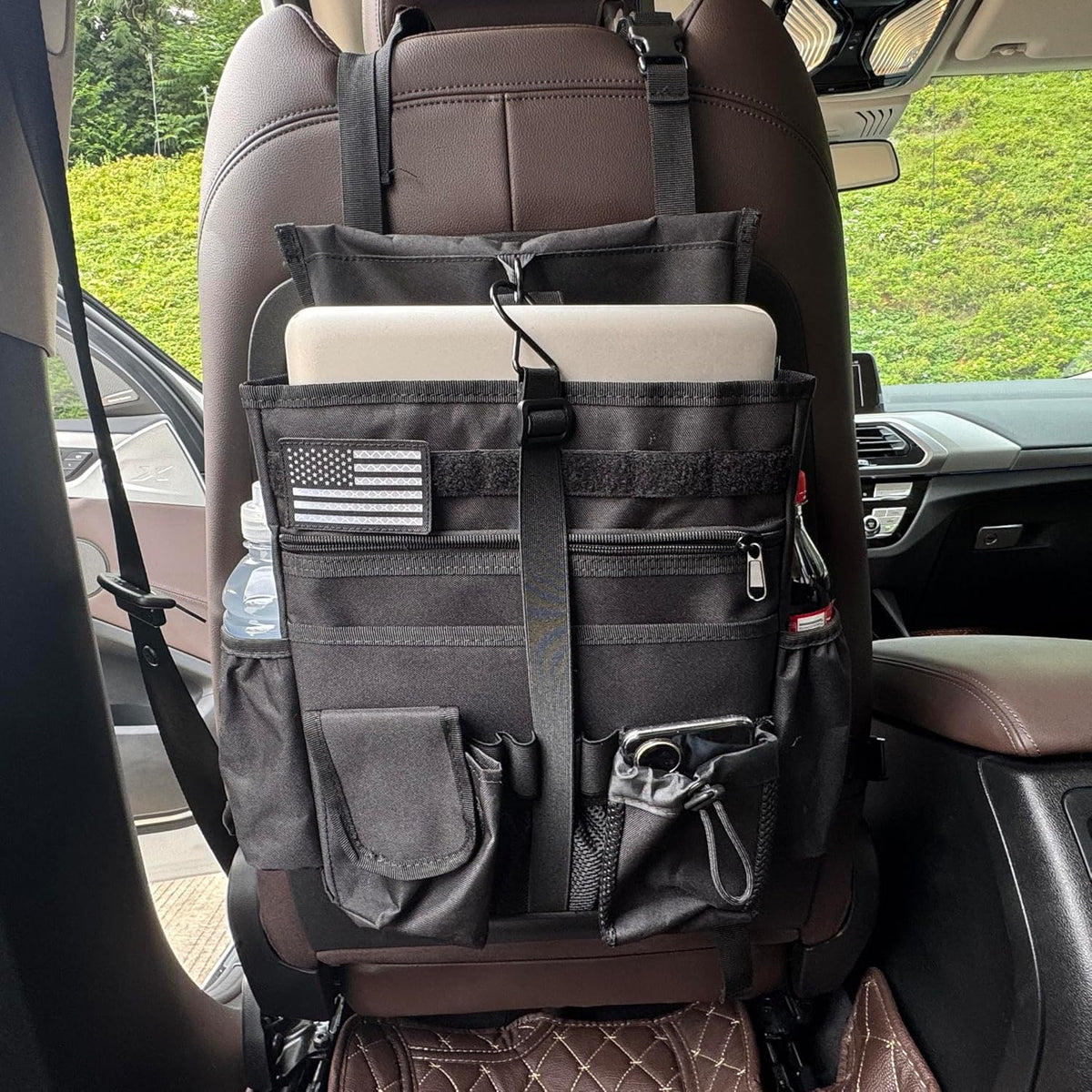 Front & Seat back organizer with 15.6 IN laptop storage stabilizers