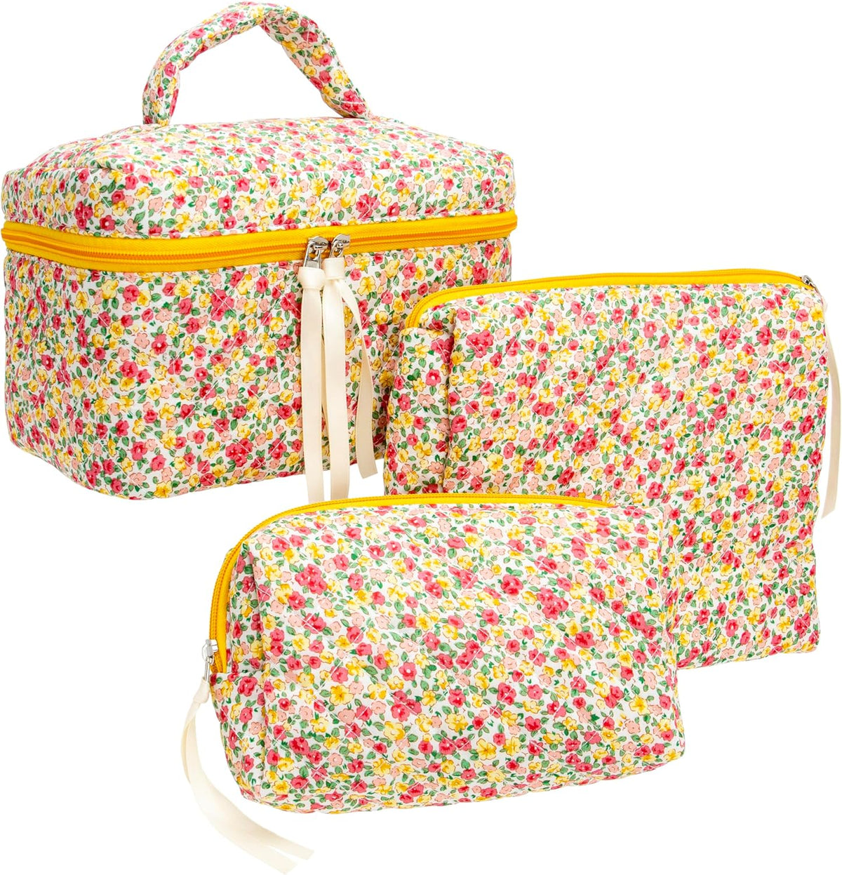 3 Piece Quilted Makeup Bag Set for Women,Cosmetic&Toiletry,Little Flower