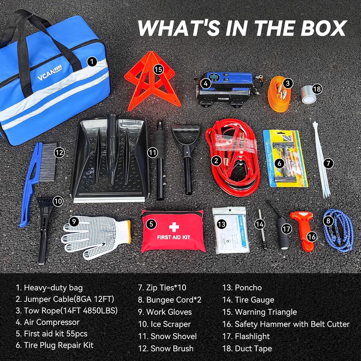 Car Emergency Safety Kit Bag with Digital Air Compressor,Jumper Cables,First Aid Kit, Winter Vehicle Roadside Safety Kit with Detachable Snow Shovel, for Women, Men, Teen