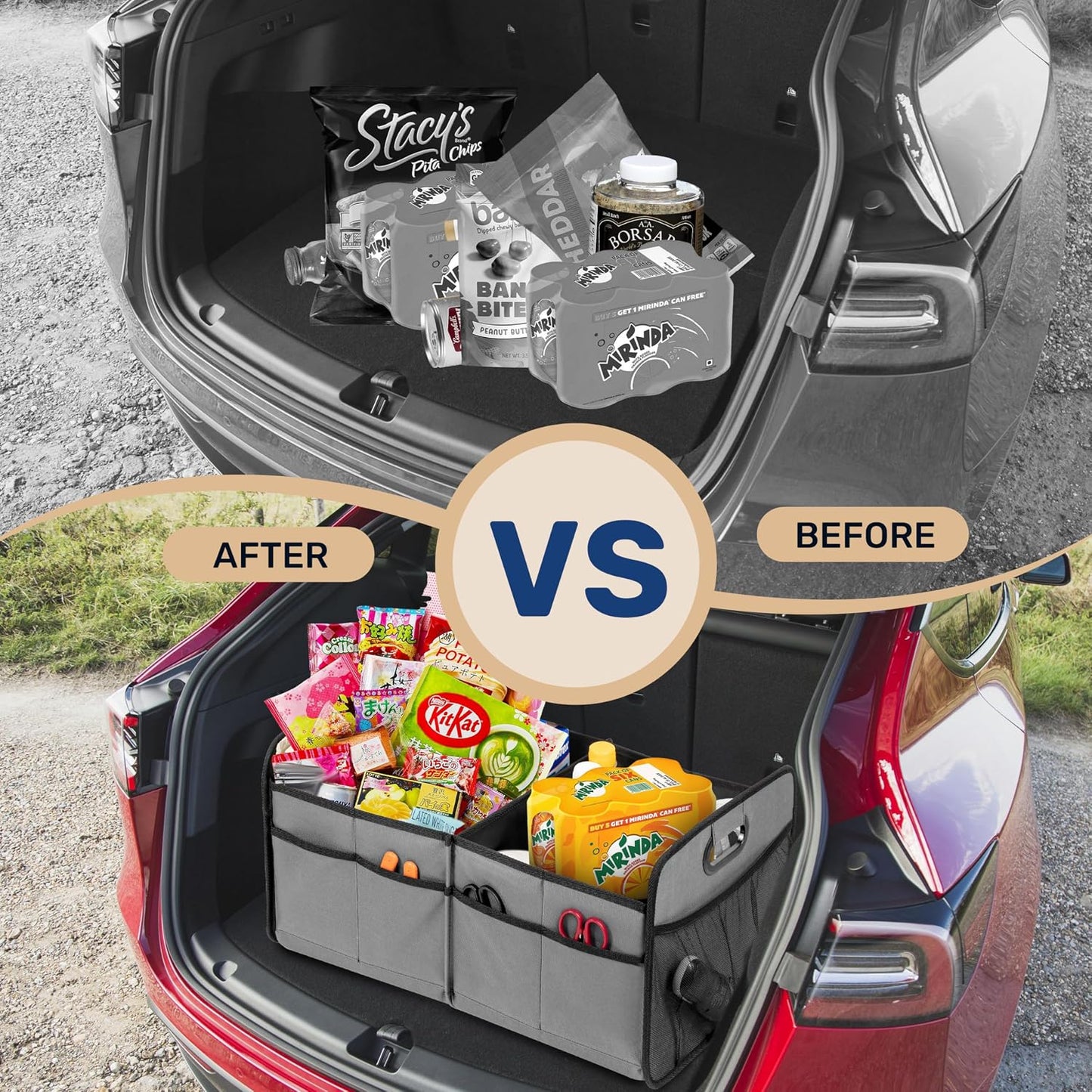 YSSOA Trunk Organizer for Car/SUV/Truck, Collapsible 2 Compartment Automotive Storage Box, 600D Waterproof Oxford Polyester 50L Travel Accessories, Anti-slip & Leak-proof, Grey