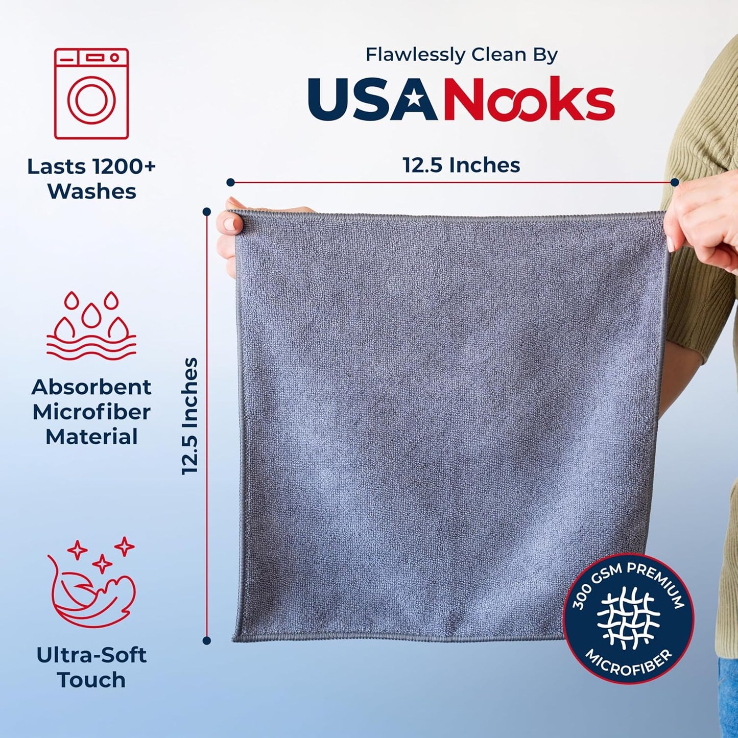 USANOOKS Microfiber Cleaning Cloth Grey - 24 Pcs (12.5"x12.5") - High Performance - 1200 Washes, Ultra Absorbent Microfiber Towel Weave Grime & Liquid for Streak-Free Mirror Shine - Car Washing Cloth