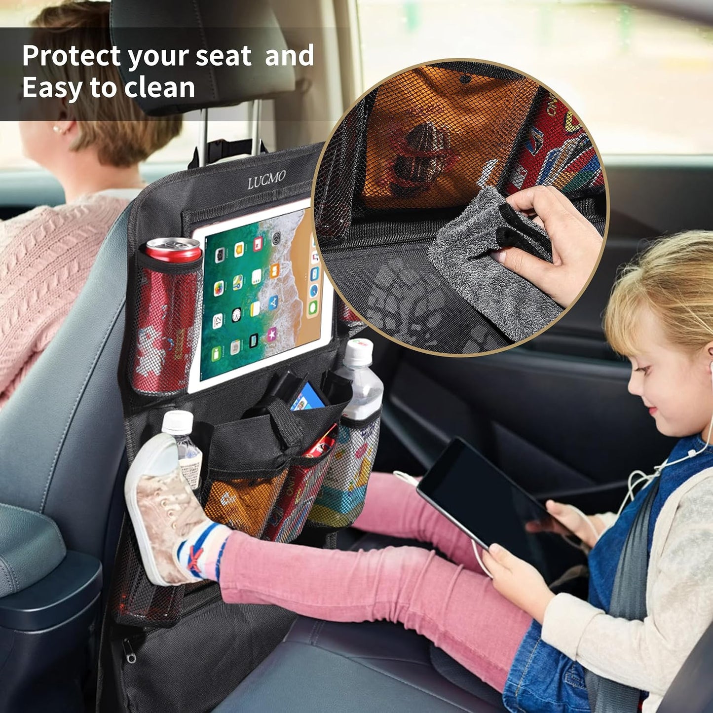 LUCMO Car Backseat Organizer with Touch Screen Tablet Holder, Black | 2 Pcs,9 Storage Pockets,Clear Tablet Holder,Protectors Kick Mats,Travel Accessories,Seat Cover,Road Trip Essentials