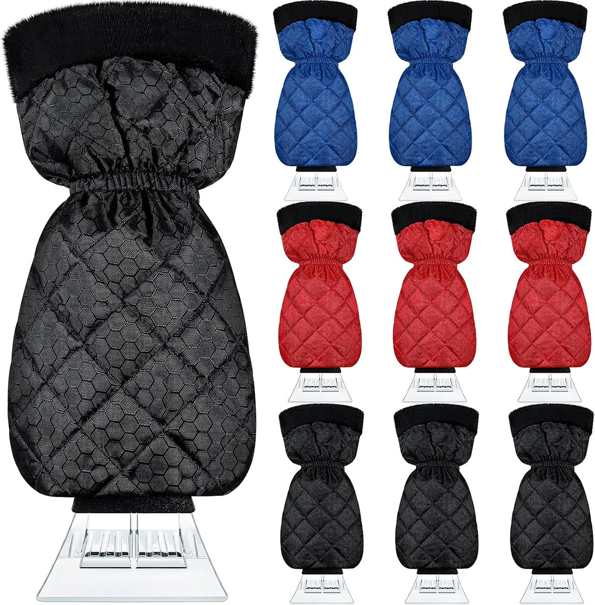 9 Pack Ice Scraper with Glove for Cars Windshield with Mitt Snow Warm Scraper Remover Waterproof Cozy Car Ice Scraper for Car Auto Truck Window Red Black Blue