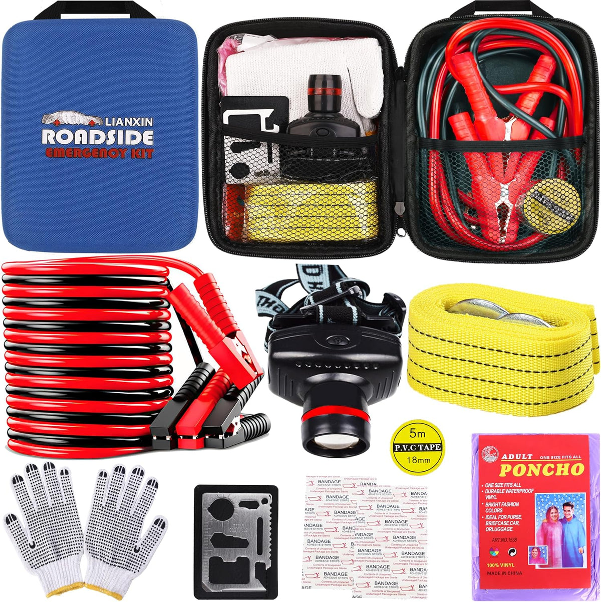Car Roadside Emergency Kit with Jumper Cables Headlamp Car Safety Kits