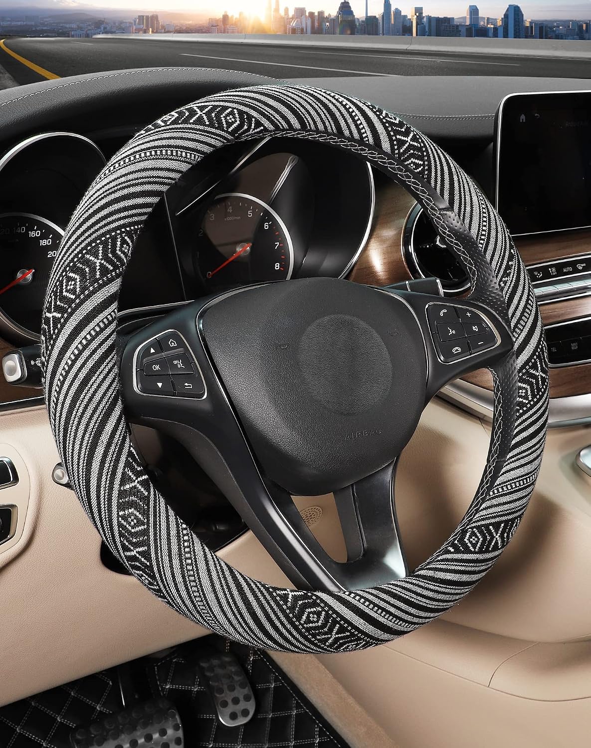 SEG Direct Boho Steering Wheel Cover, Baja Blanket Cloth, Coarse Flax