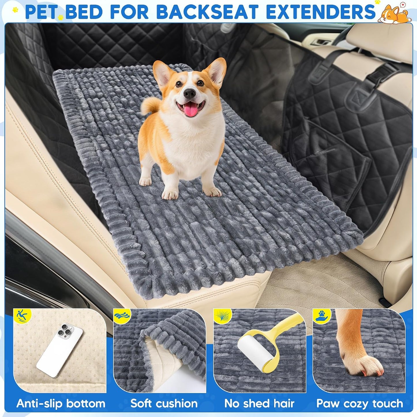 Loiion Dog Car Bed, Non-Slip Backseat Dog Bed Mat with Plush Flannel, Pet Travel Cushion for Car SUV Truck, Machine Washable Dog Seat Protector (50" L×24.6" W) Gray