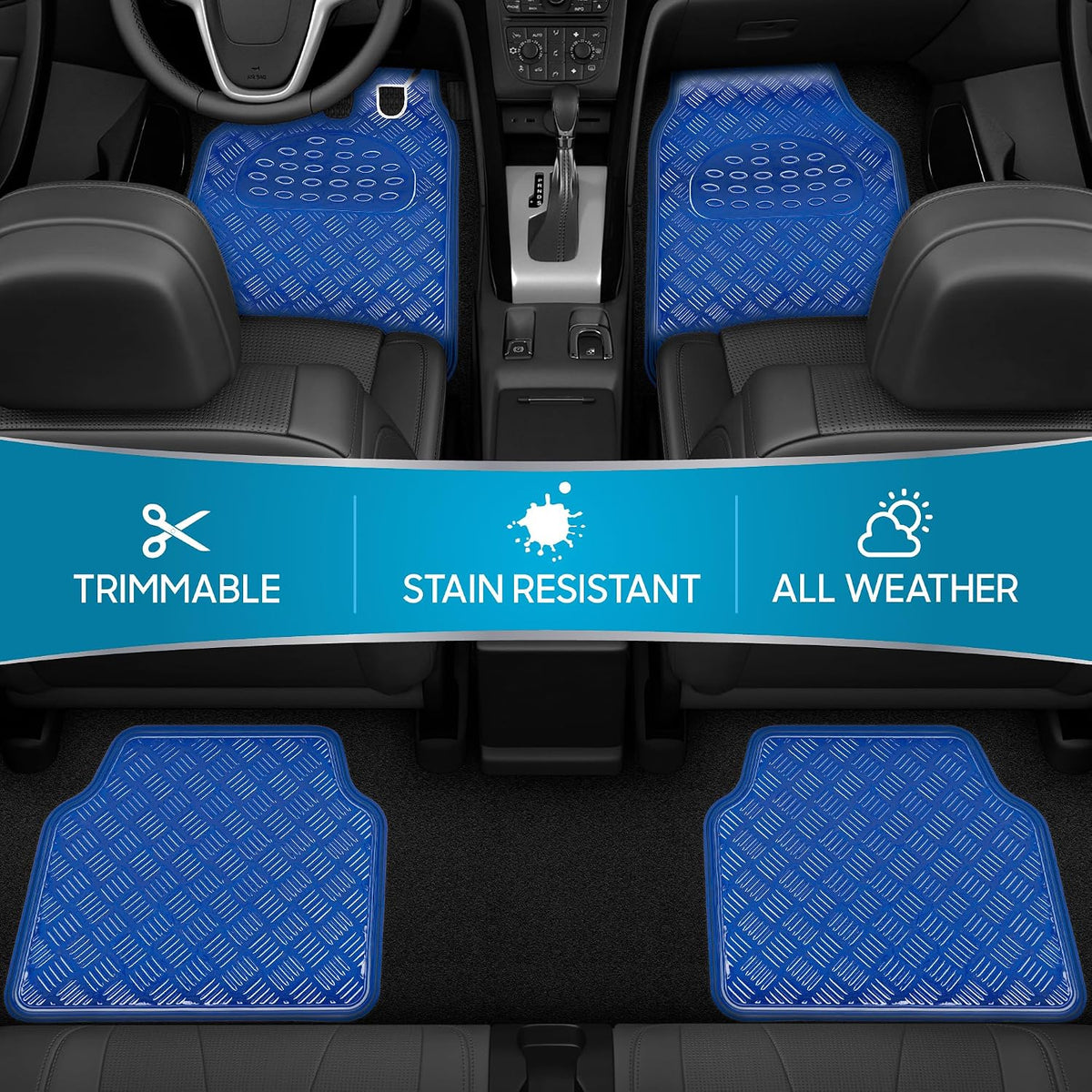 BDK Metallic Chrome Car Floor Mats All-Weather Universal Fit Automotive Floor Mats for Cars SUVs, Floor Mats for Trucks, Car Mats Full Set Front & Rear, Non-Slip Backing - Blue