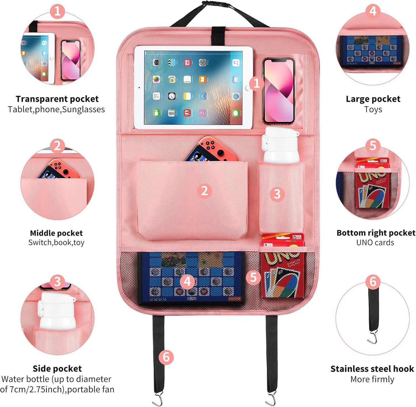 LUCMO Car Backseat Organizer with Foldable Tablet Holder, Pink | 6 Storage Pockets,Foldable Food Tray,Protectors Kick Mats,Travel Accessories,Seat Cover,Road Trip Essentials
