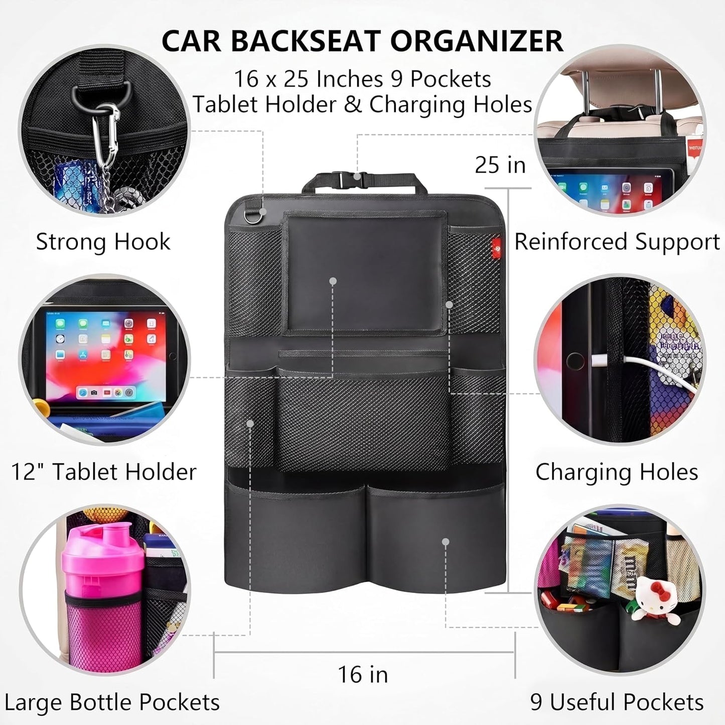 Backseat Car Organizer, backseat car organizer with 9 Pockets & Tablet Holder, Kick Mats for Car Seat Storage and Organization, 2 Pack, Black—Perfect for Travel.