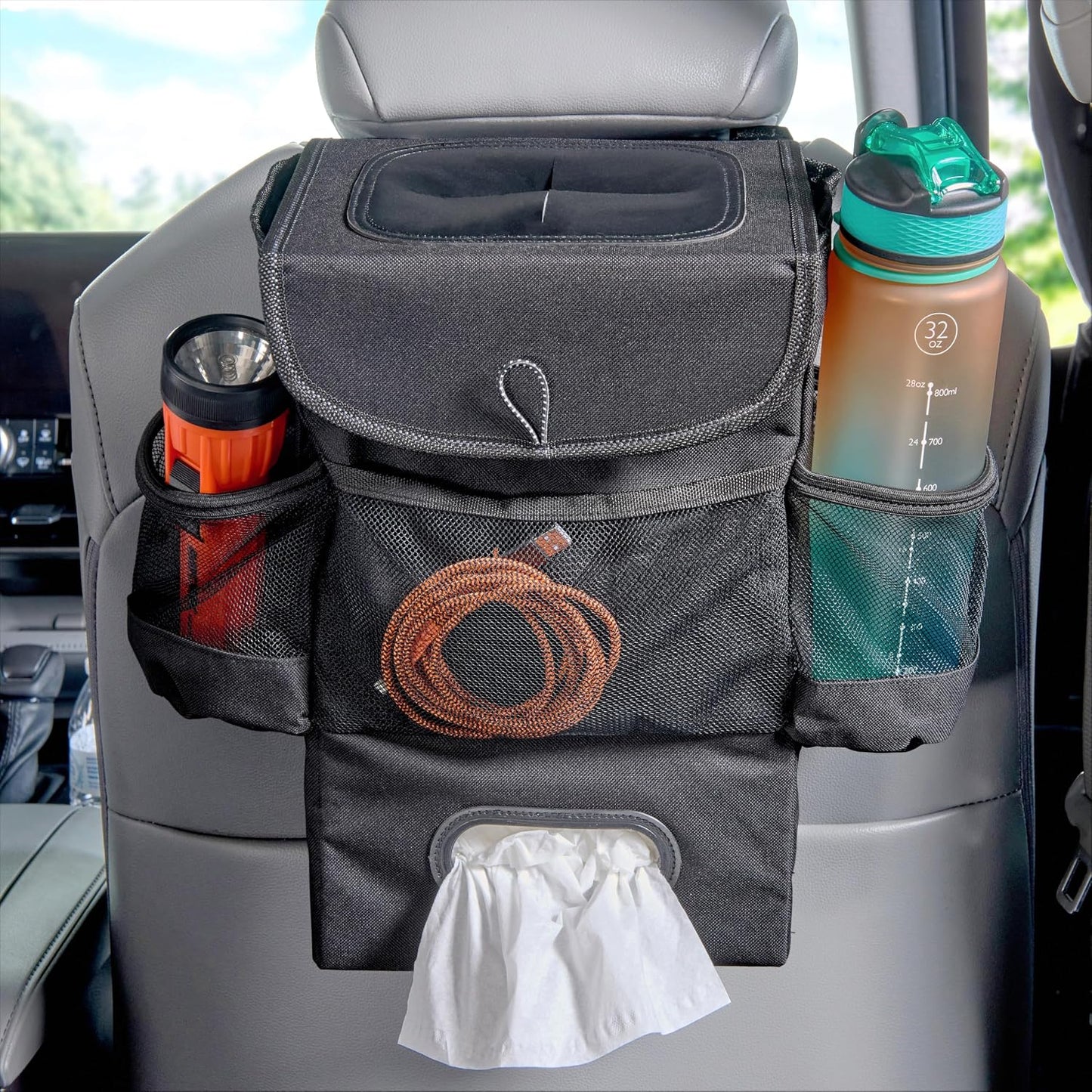 High Road StashAway Car Trash Can with Tissue Holder - Car Organizer with Trash Can, Tissue Dispenser and 3 Storage Pockets for Bottles, Flasks, Wipes and Driving Essentials
