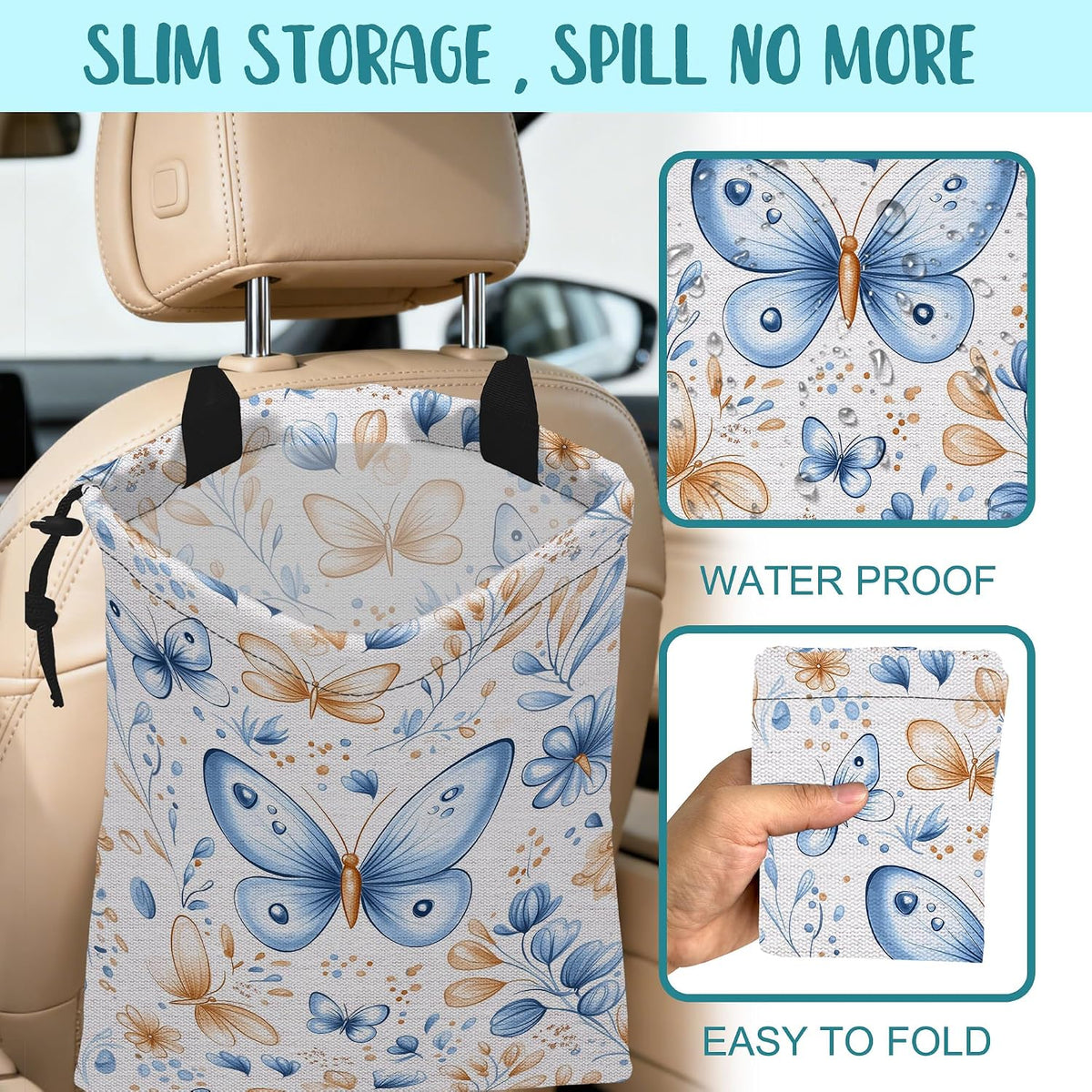 Car Garbage Bag Watercolor Blue Butterfly Hanging Canvas Car Trash Bag Drawstring Car Back Seat Organizer for Car Back Front Seat Console with Adjustable Buckle