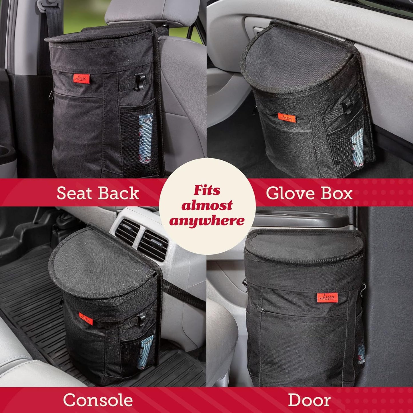 Lusso Gear Car Trash Can - 2.5-Gallon, Black, Round - Leak-Proof & Spill-Proof Lid & Waterproof Removable Liner - Hanging Car Trash Bin & Organizer for SUV, Truck & Minivan